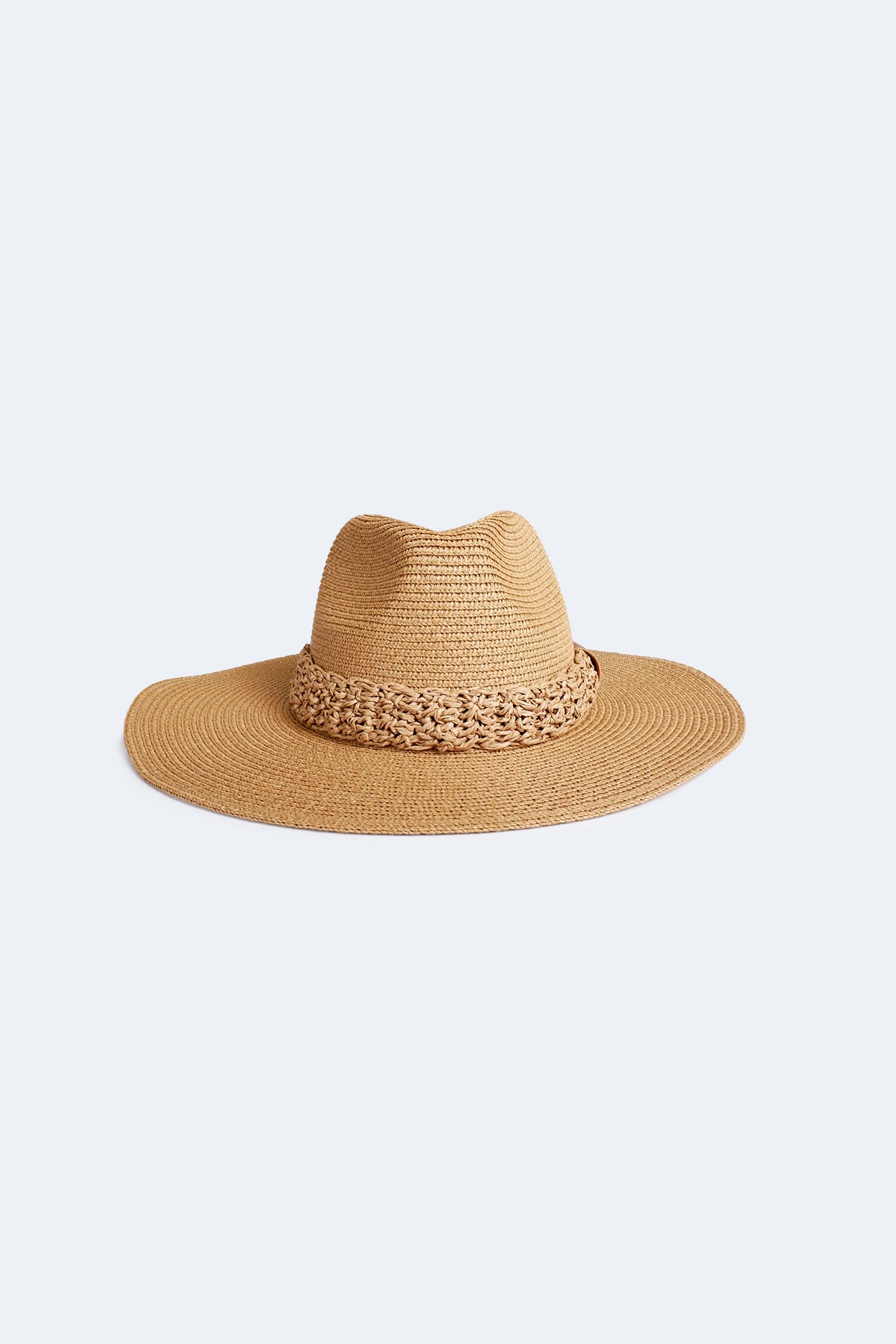 Wide brim sun hat with crochet trim
