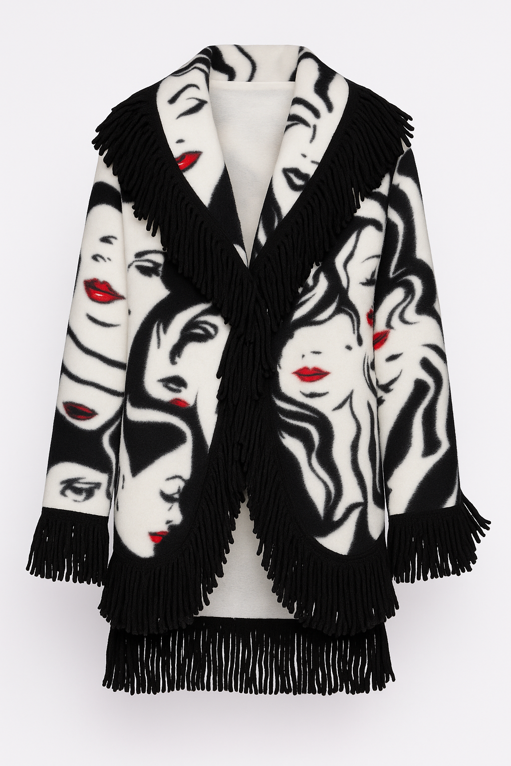 La veste en laine bouillie à imprimé visage et franges