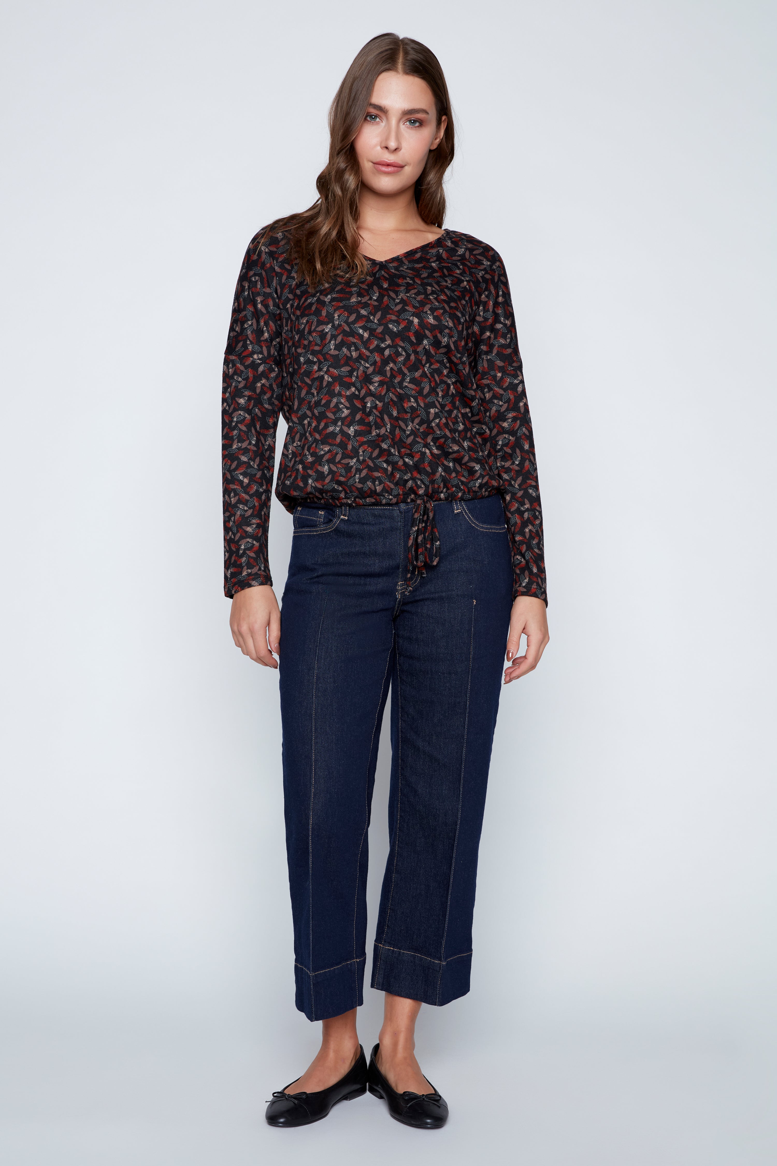 Leaf print drawstring hem top