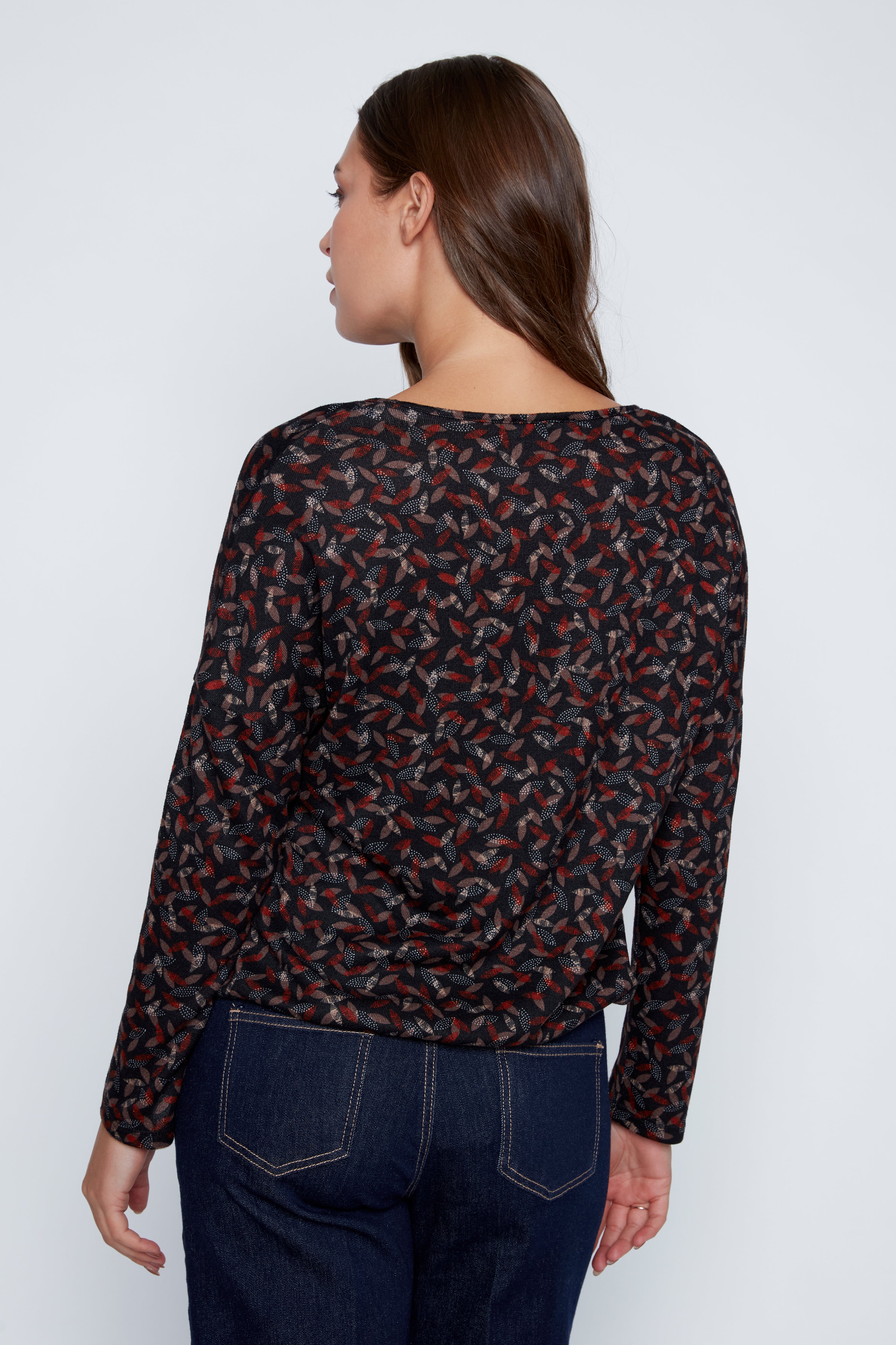 Leaf print drawstring hem top