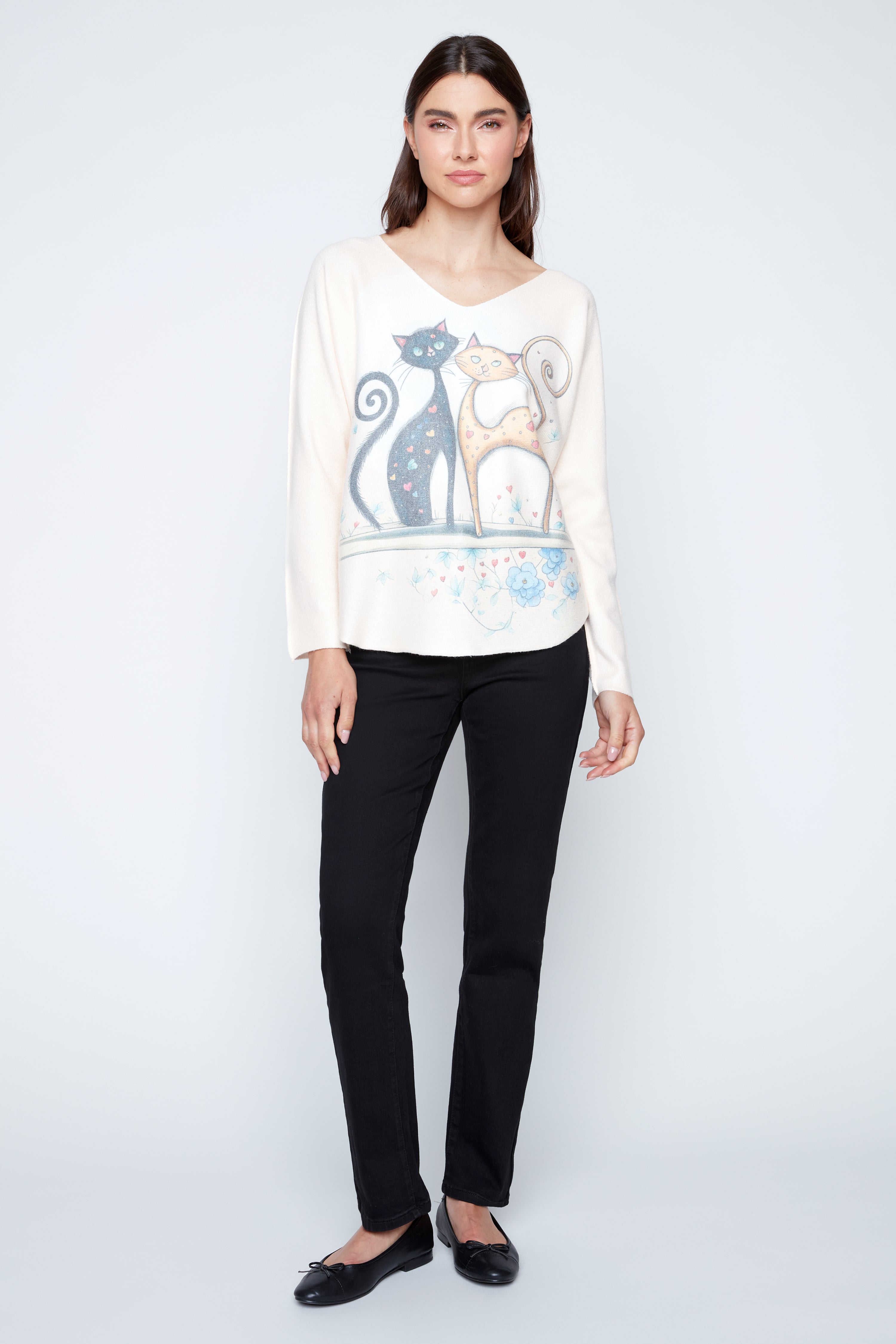 Dolman sleeve two cats print top