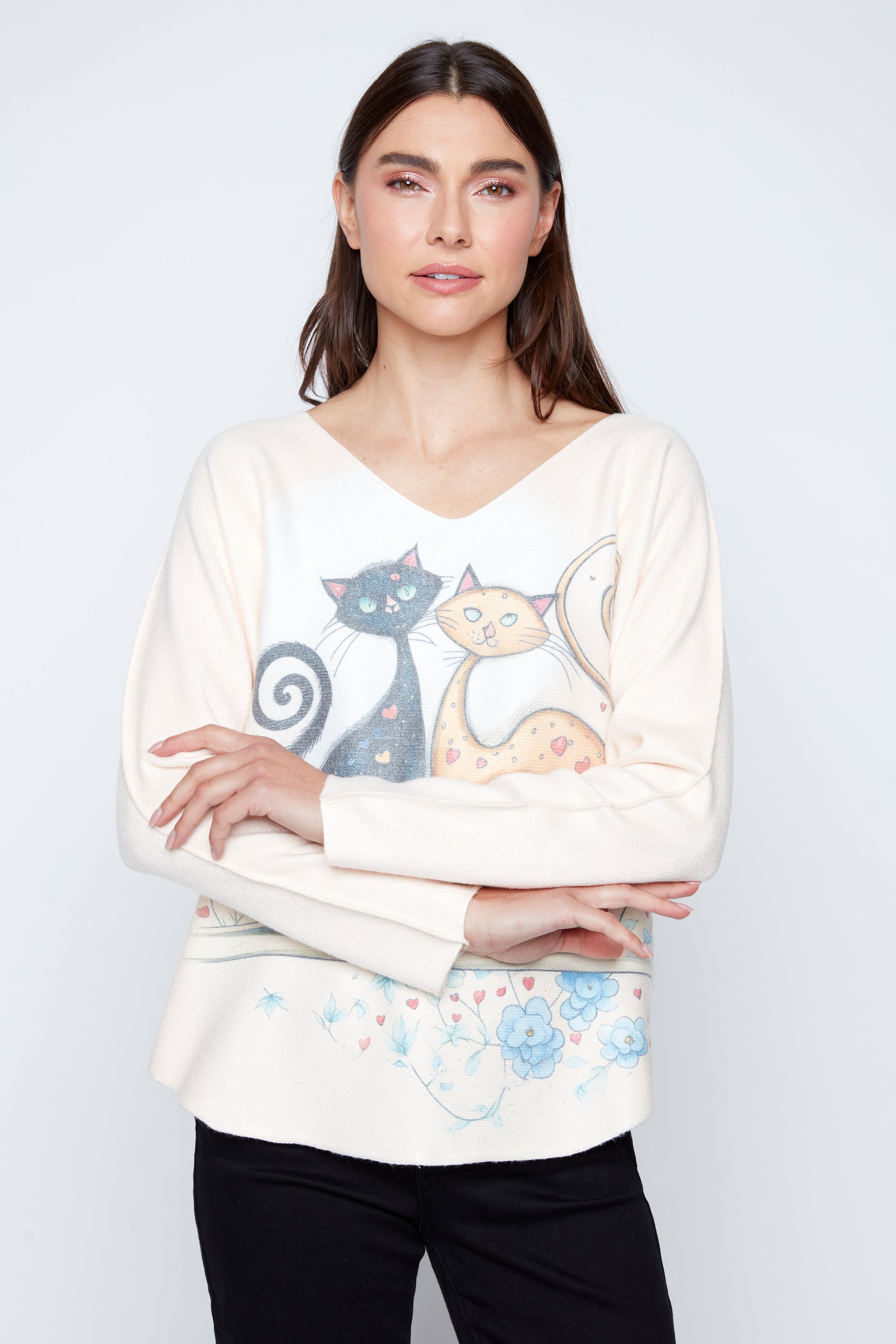 Dolman sleeve two cats print top