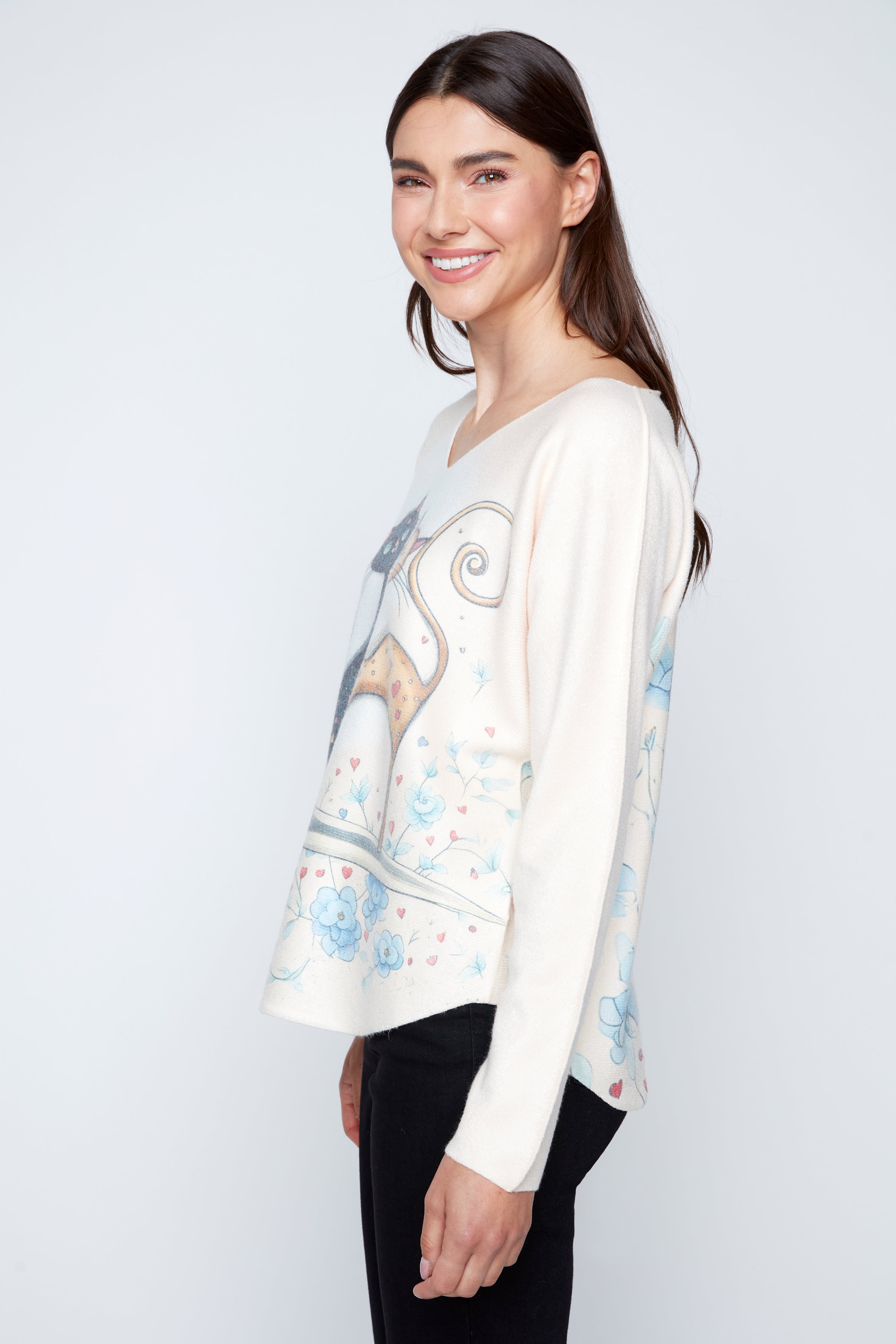 Dolman sleeve two cats print top