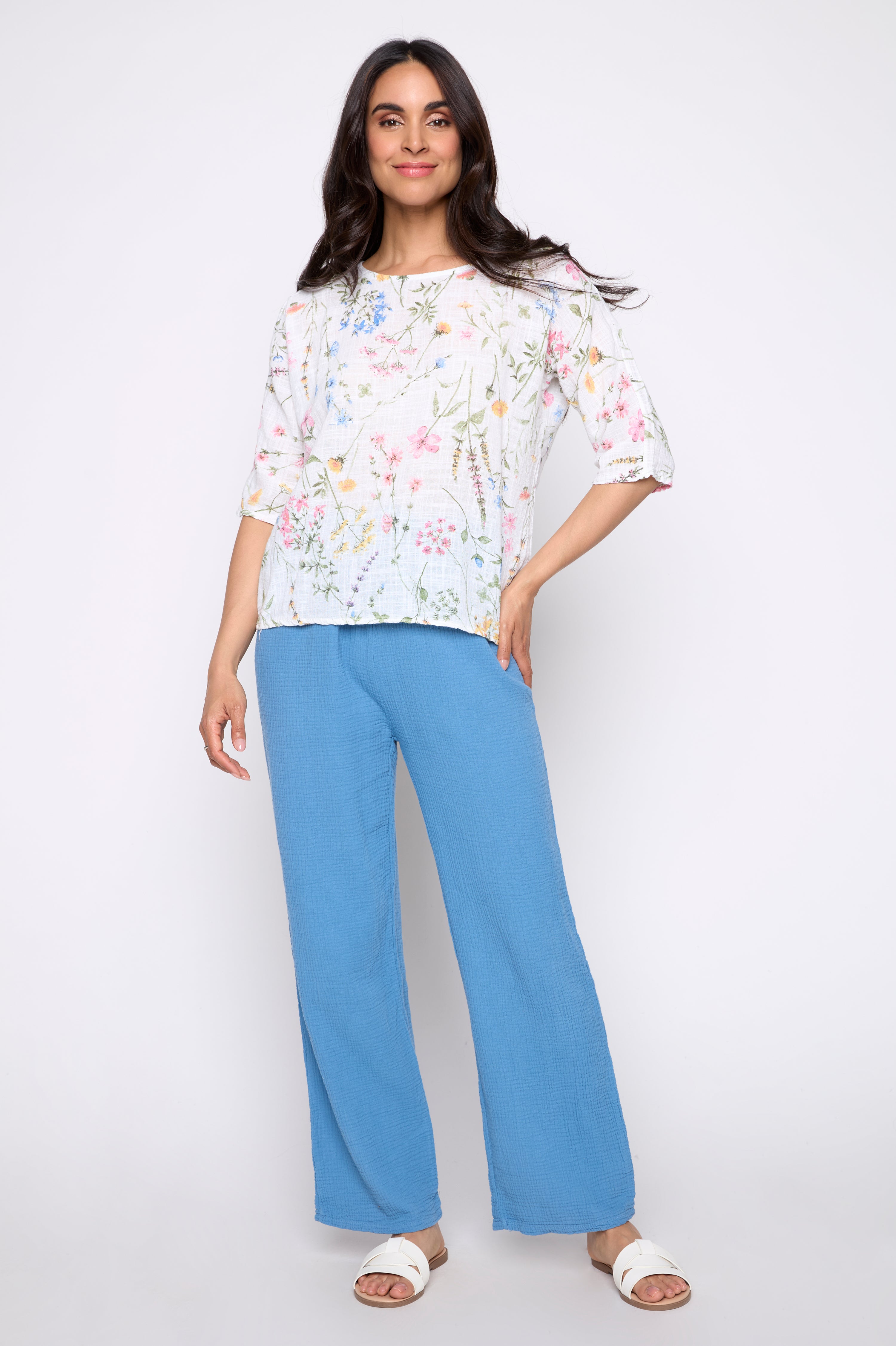 Floral leaf print cotton gauze top