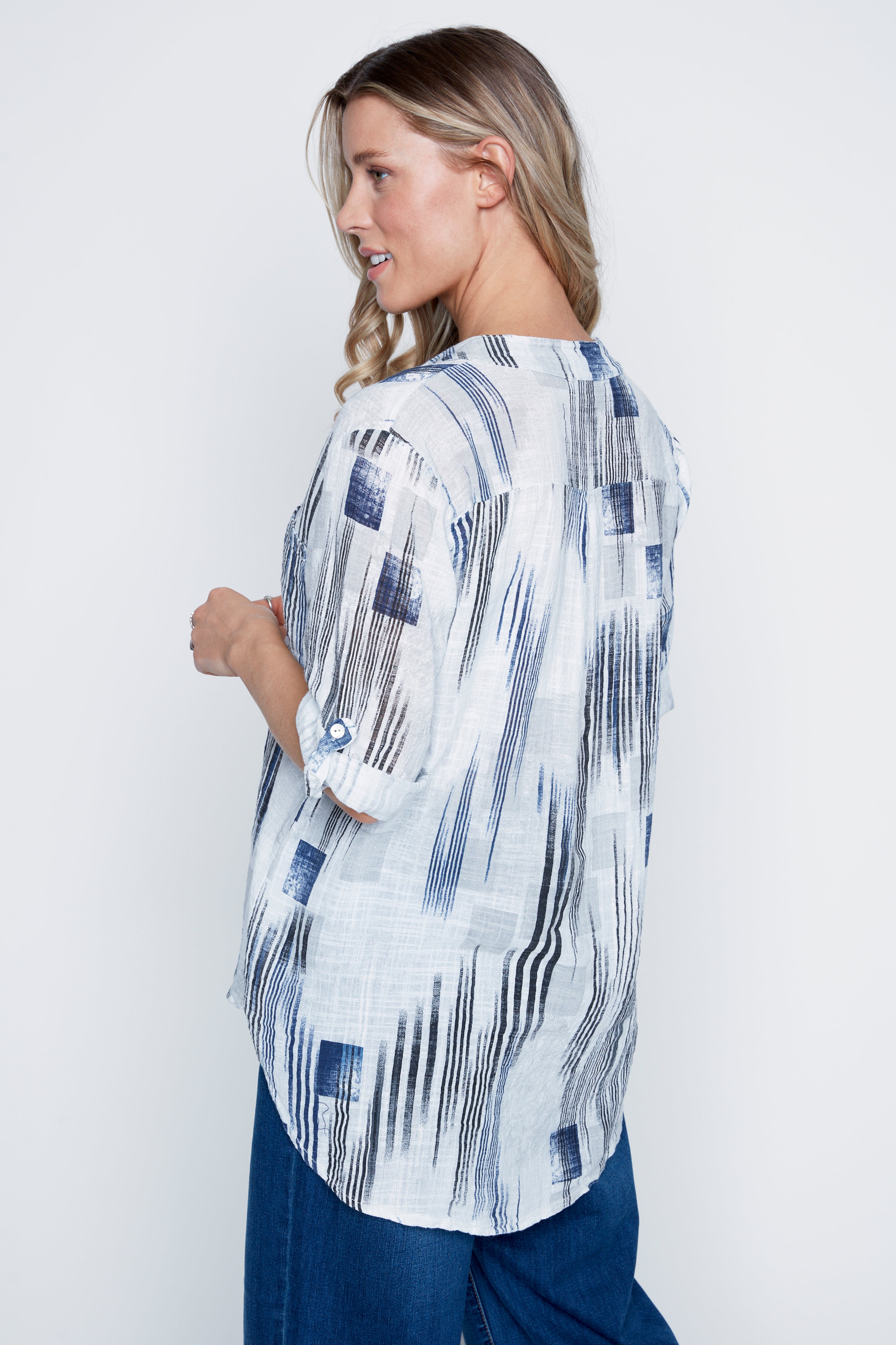 Abstract lines print cotton gauze blouse