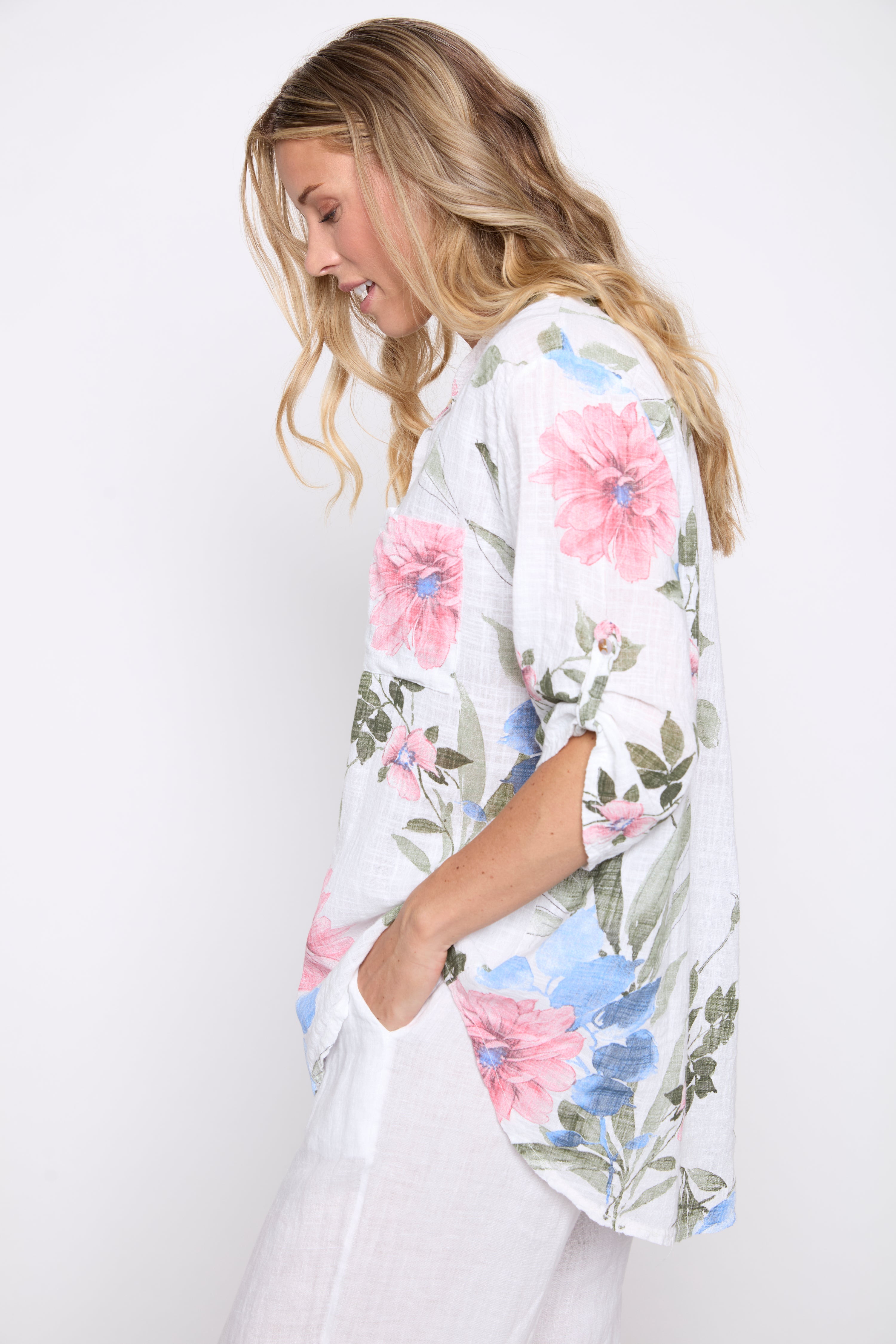 Floral print cotton gauze blouse