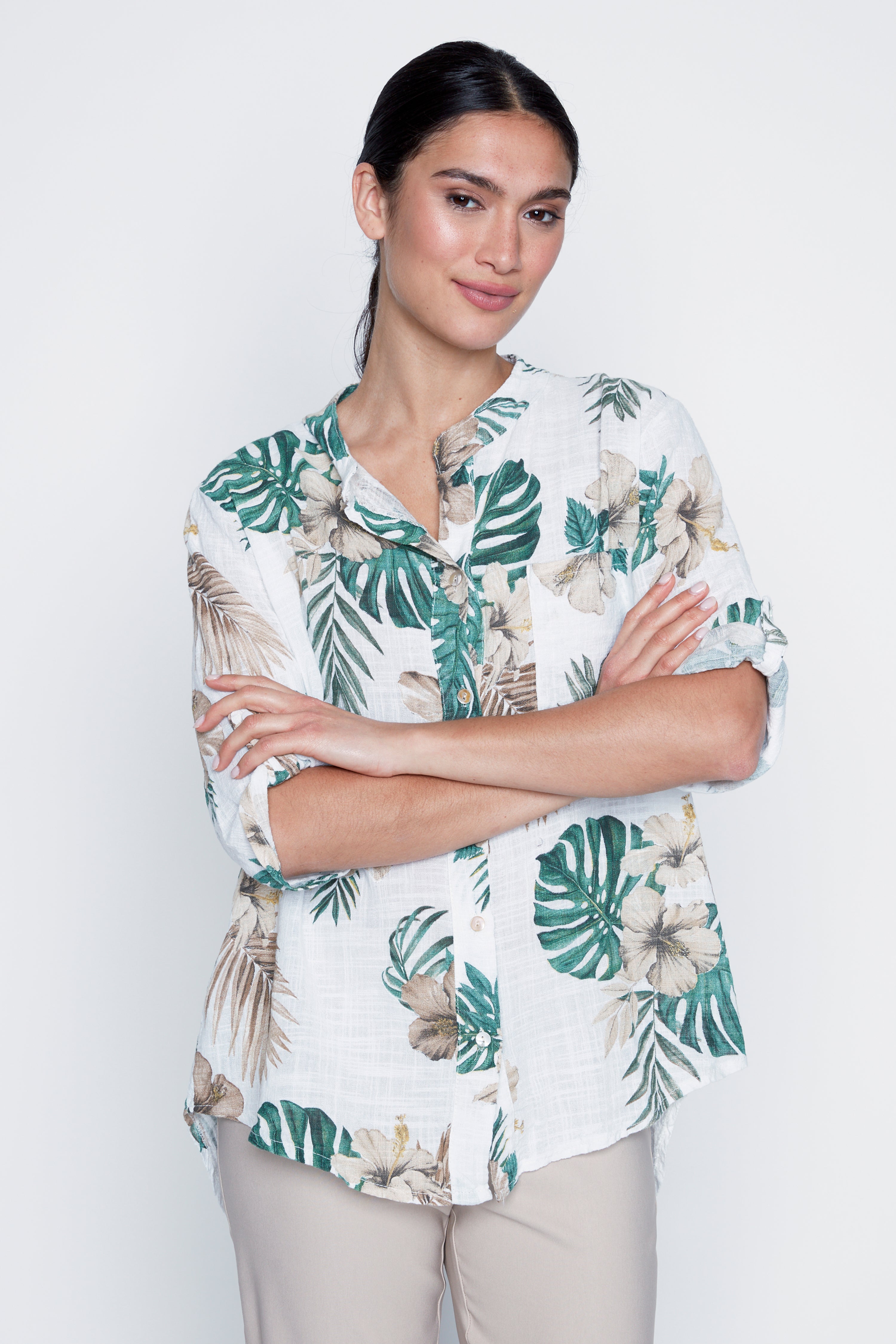 La blouse en gaze de coton à imprimé tropical