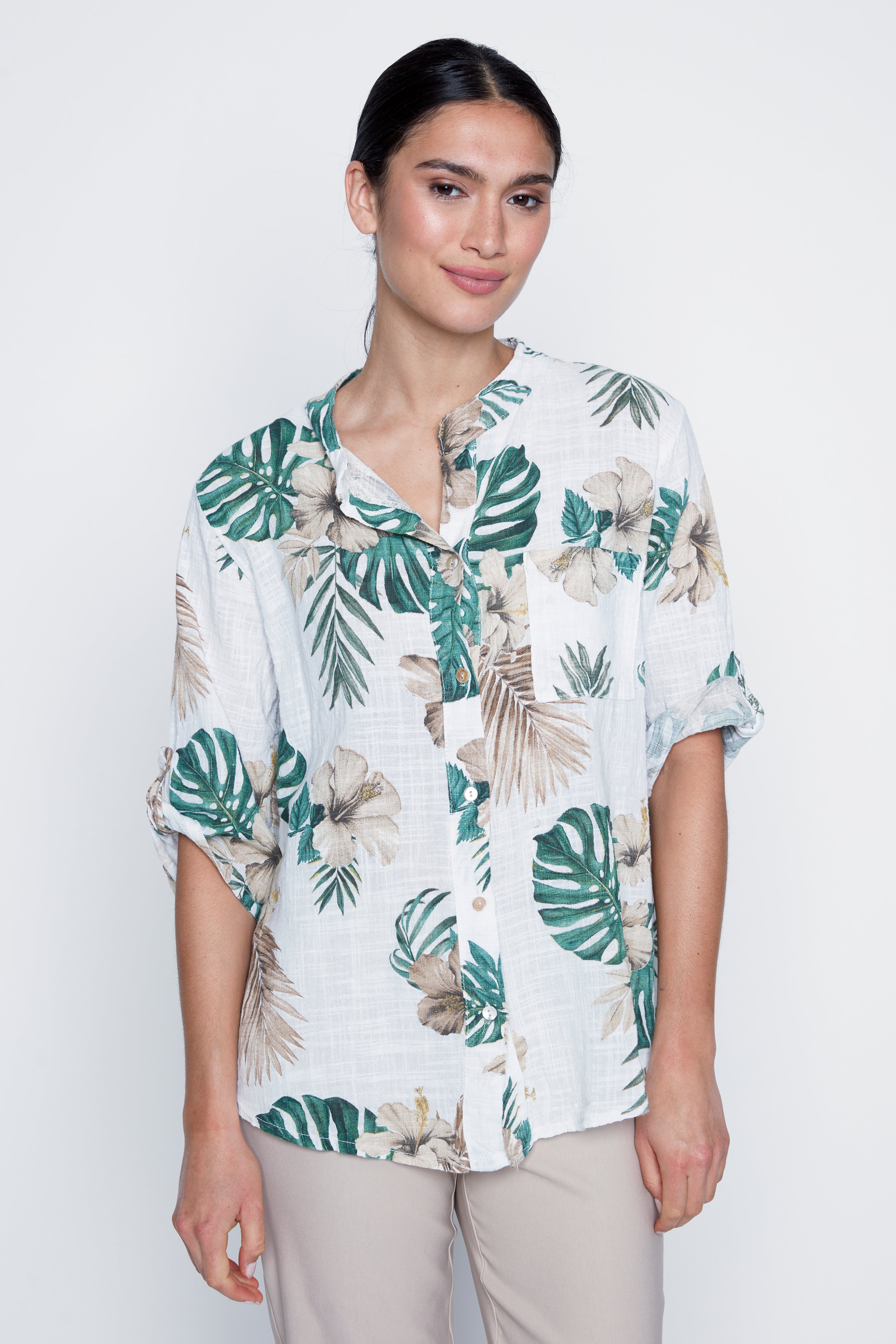 La blouse en gaze de coton à imprimé tropical