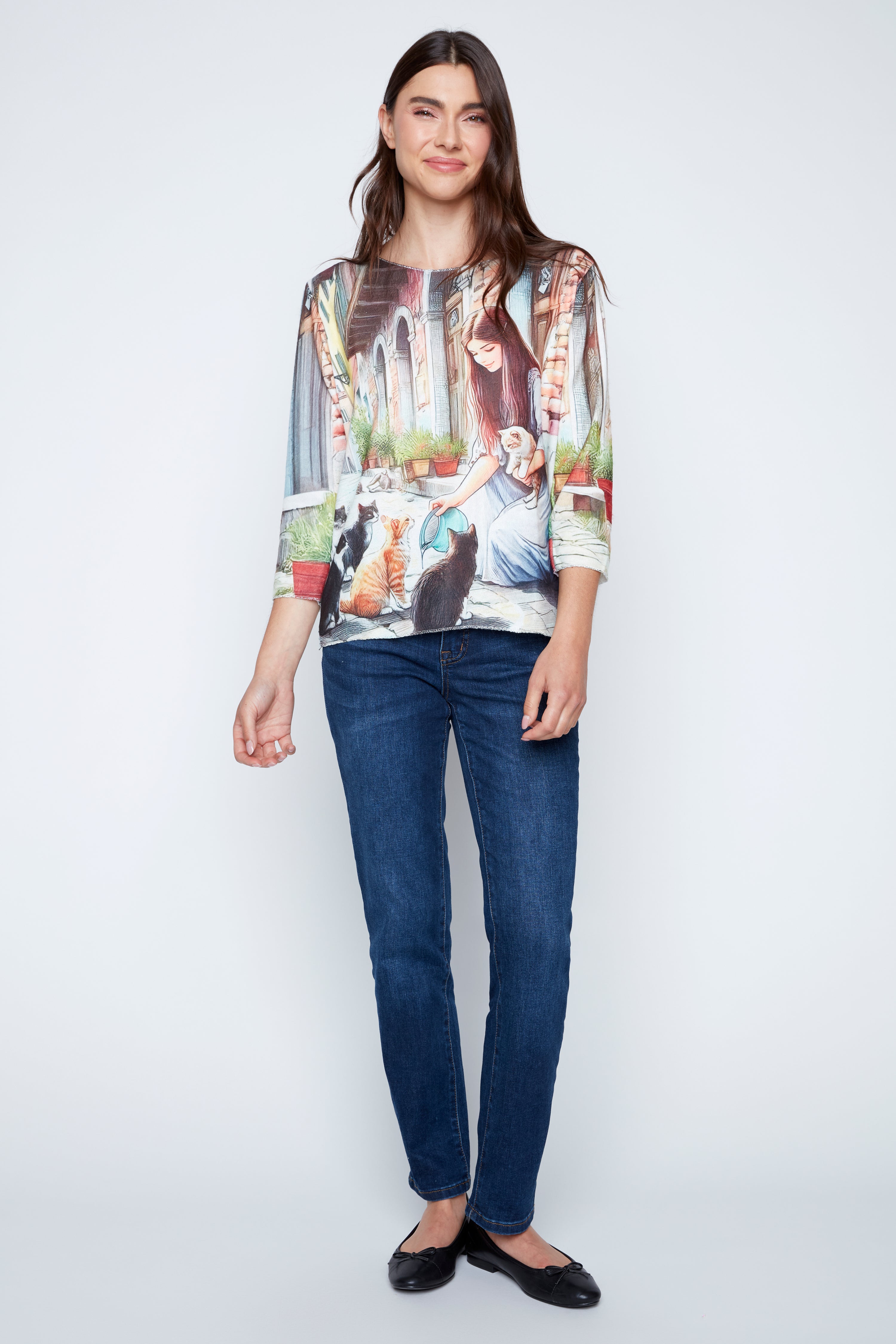 Girl with cats print knit sweater