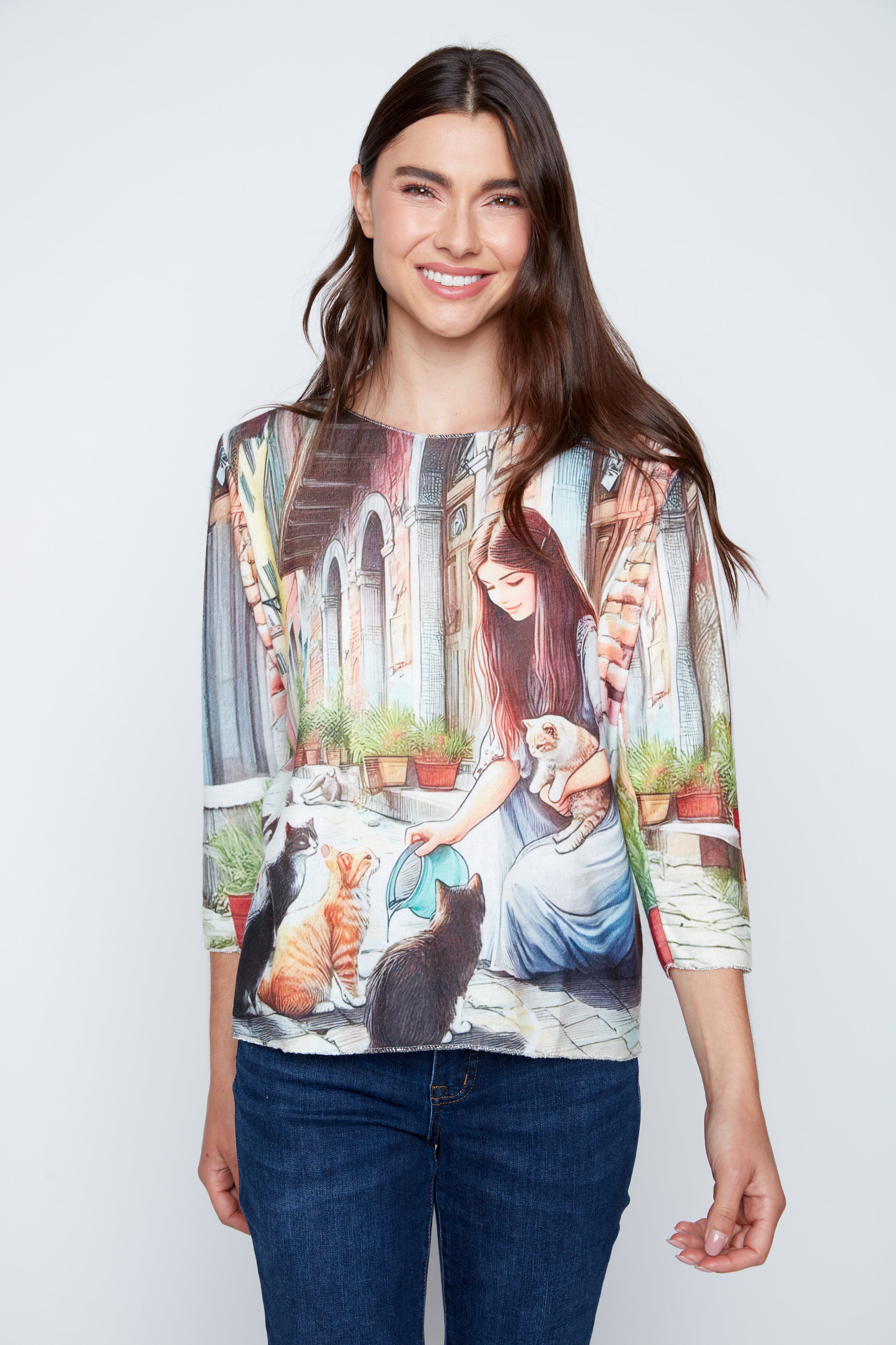 Girl with cats print knit sweater