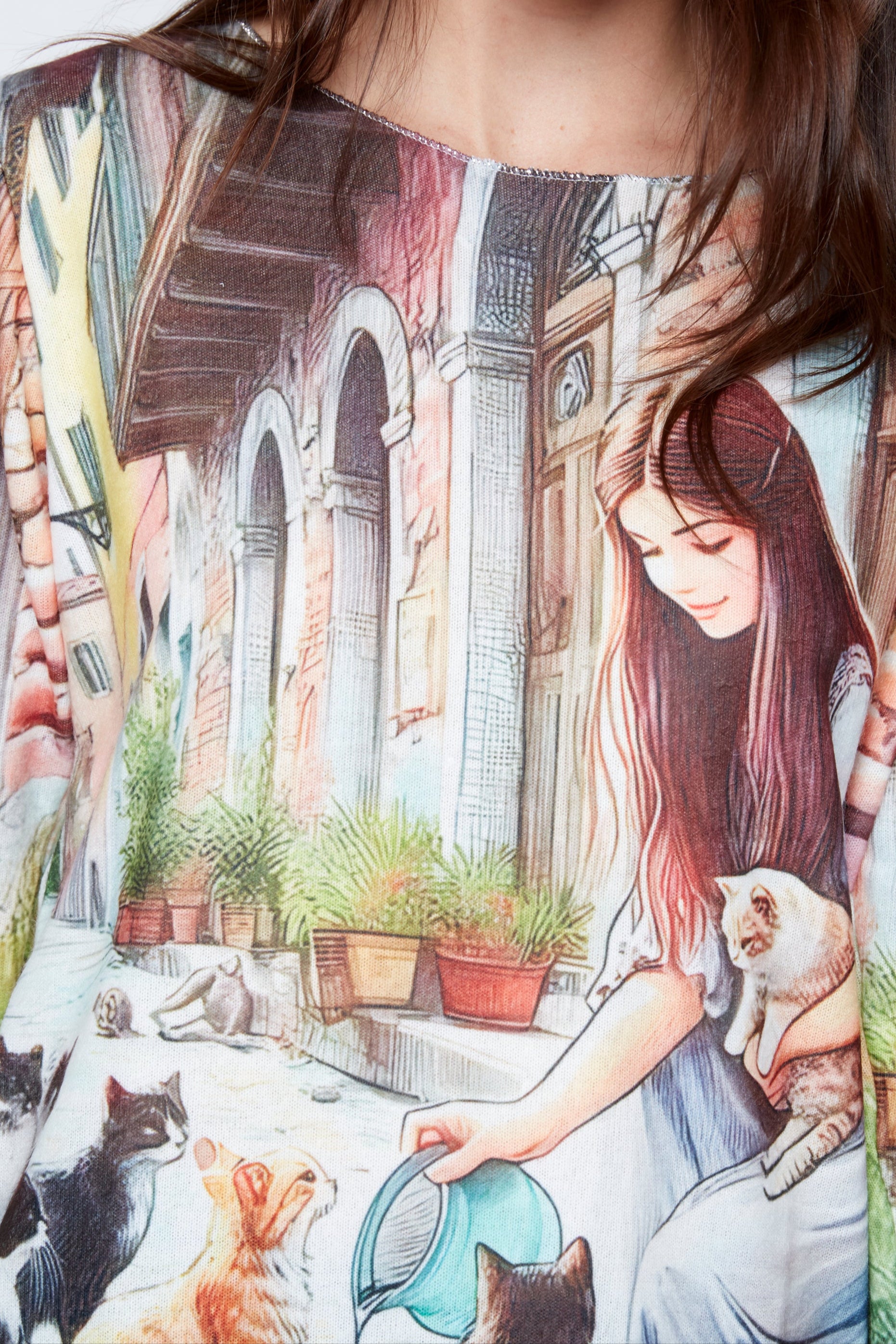 Girl with cats print knit sweater