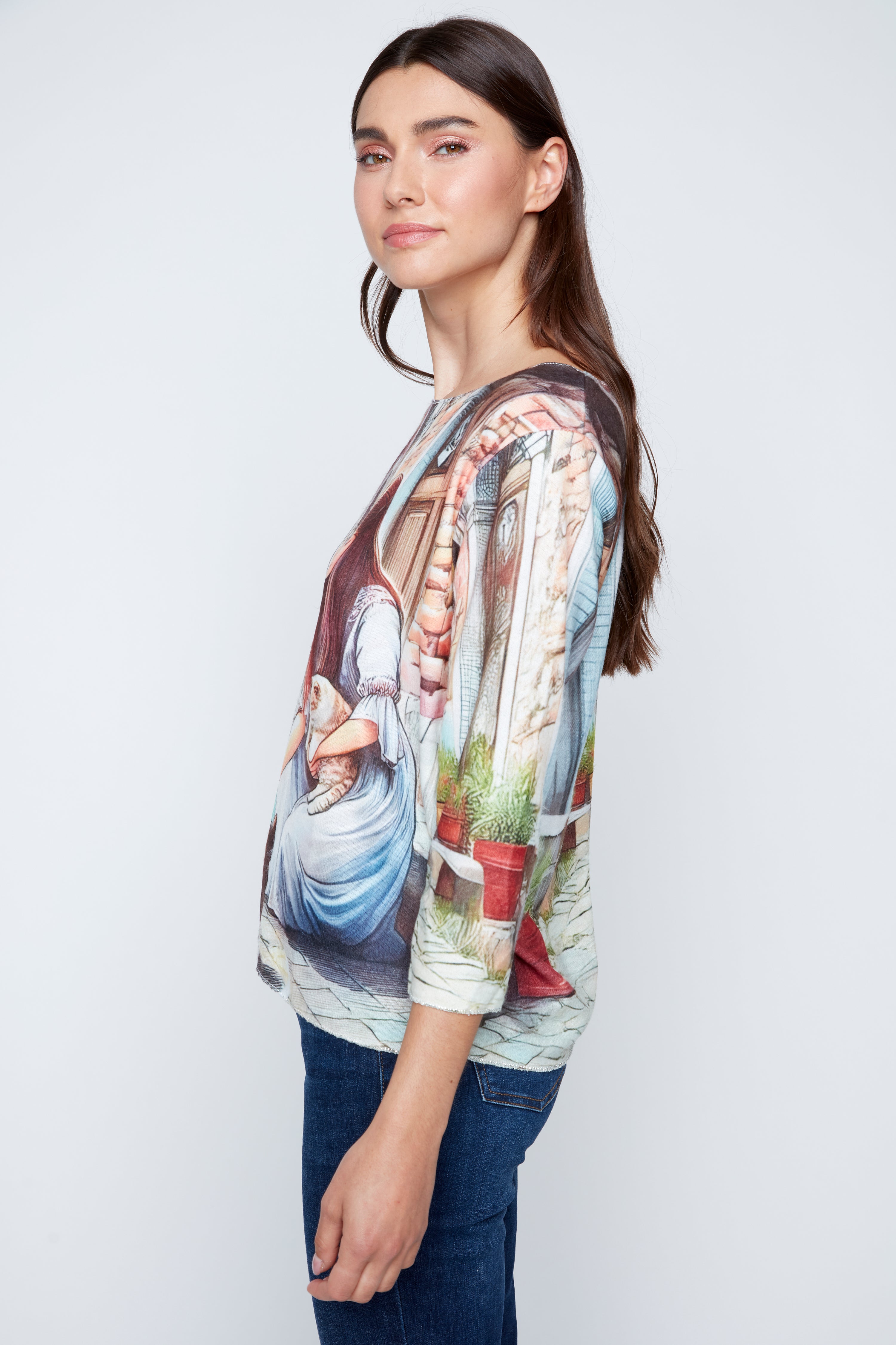 Girl with cats print knit sweater