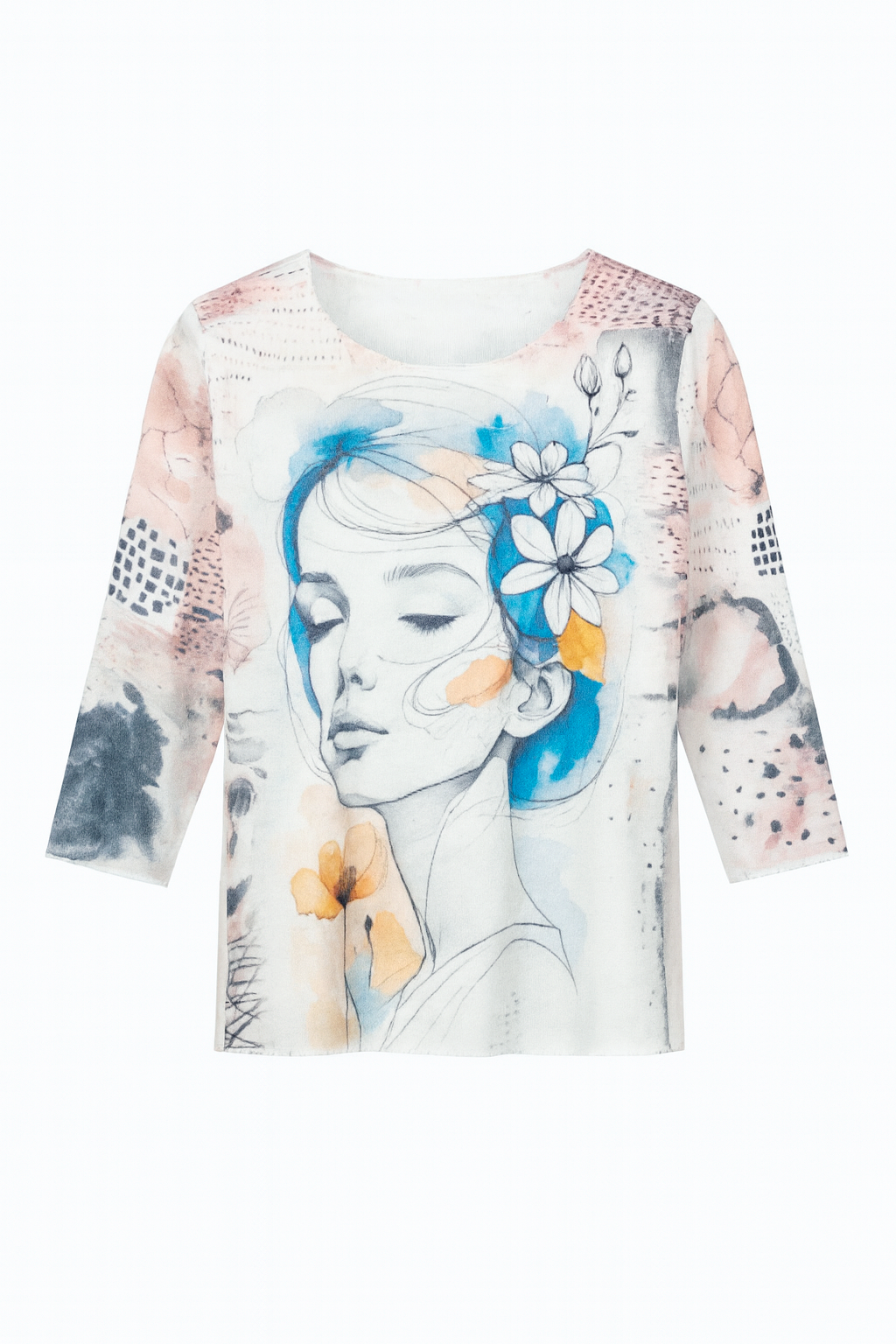 Feminine portrait print knit top