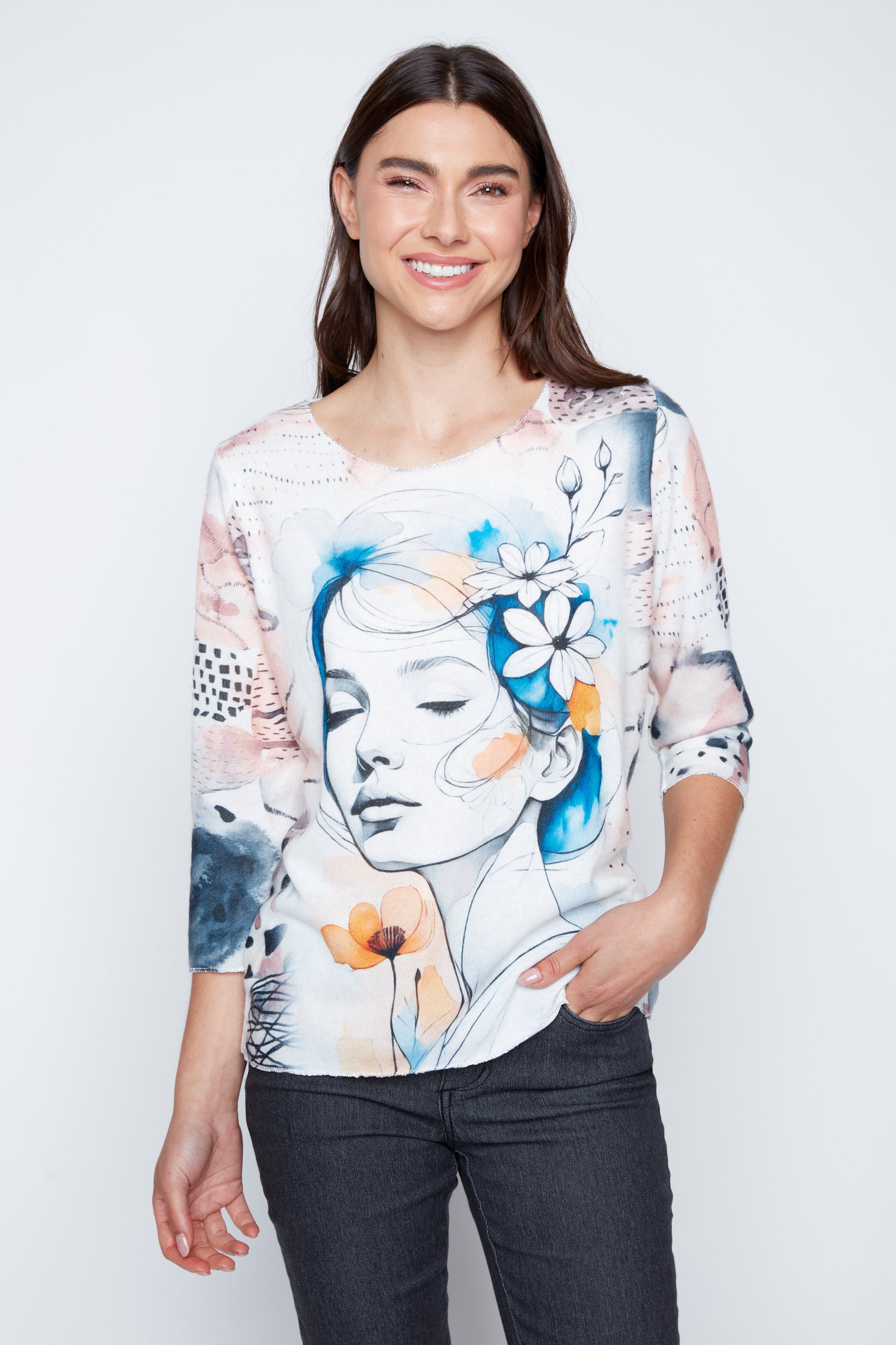 Feminine portrait print knit top