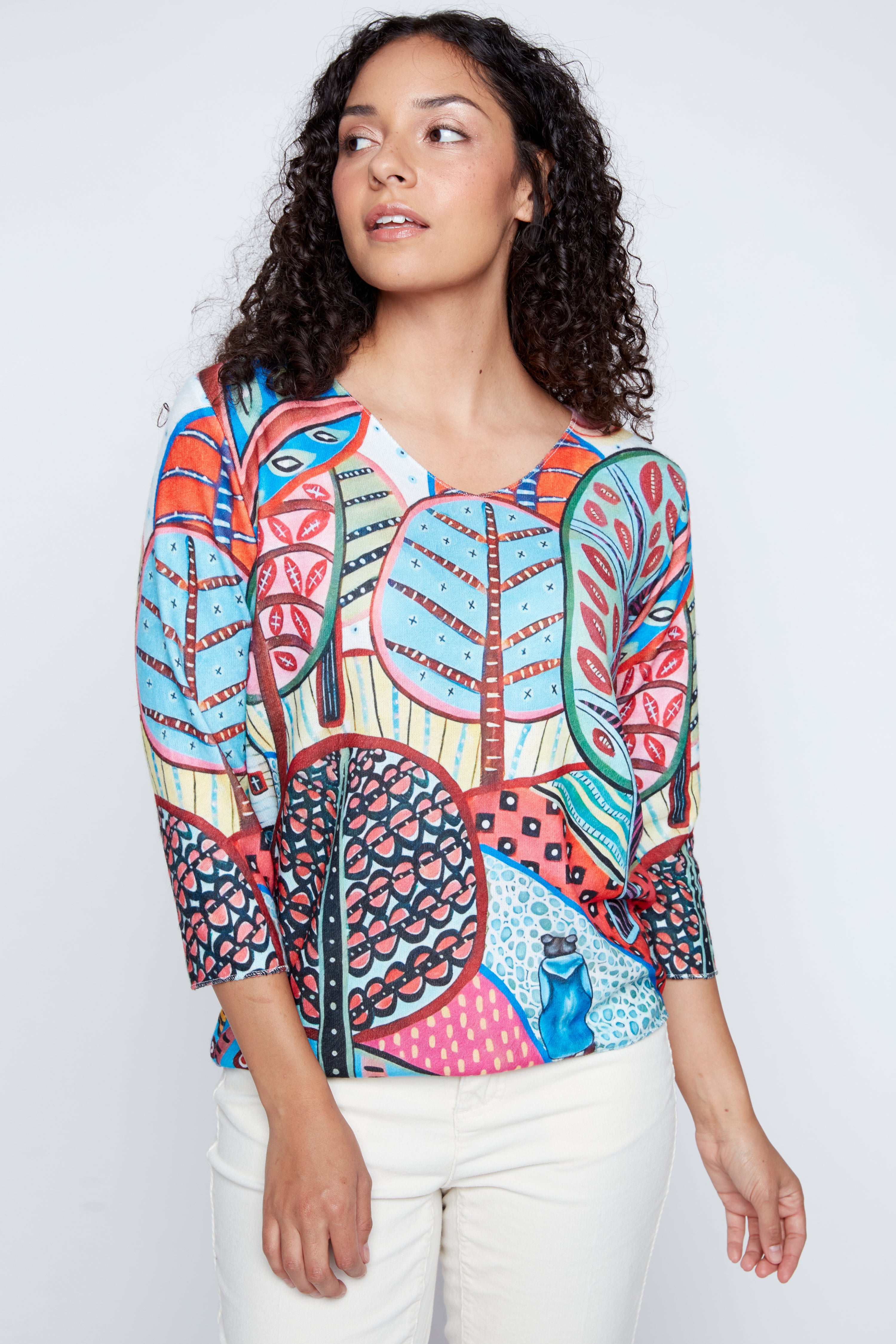 Colorful forest scene print knit sweater