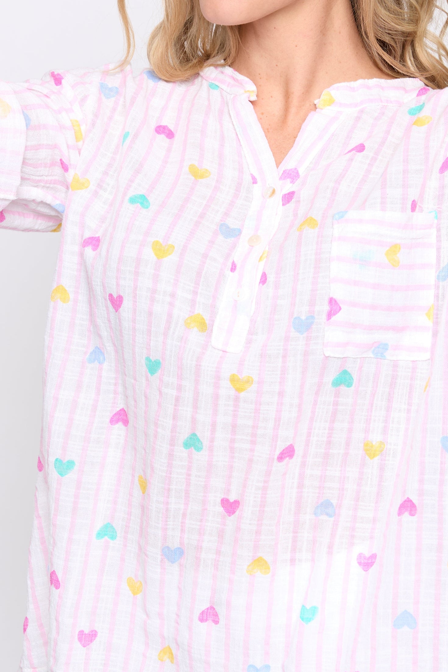 Stripe hearts print cotton gauze blouse