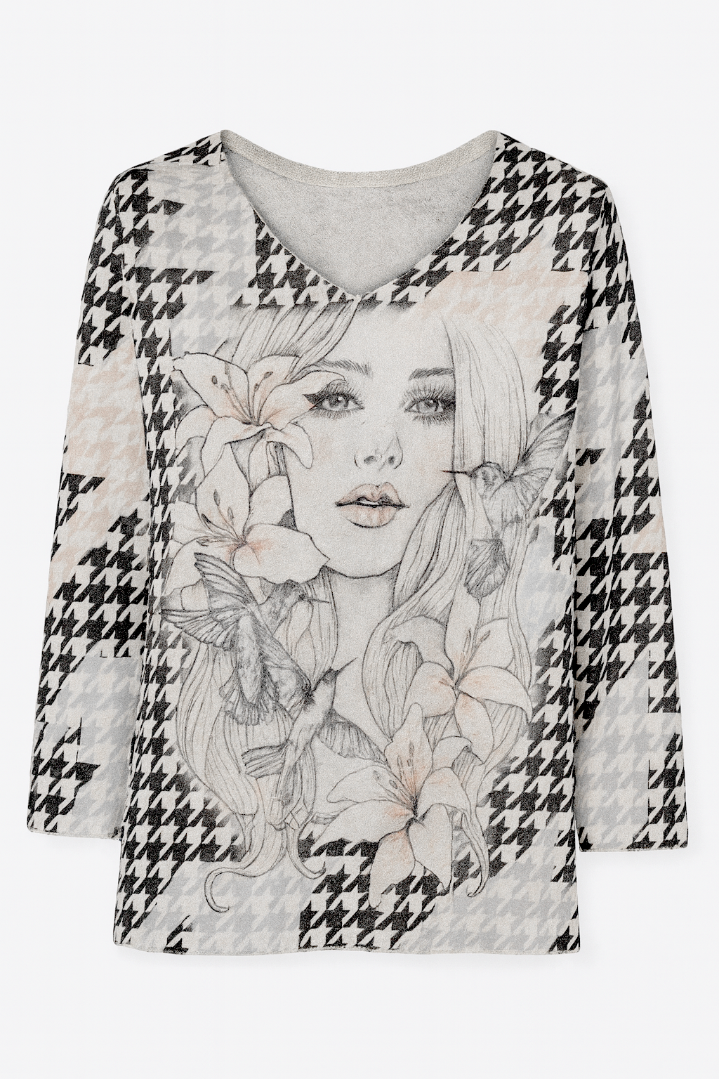 Floral portrait houndstooth print sweater