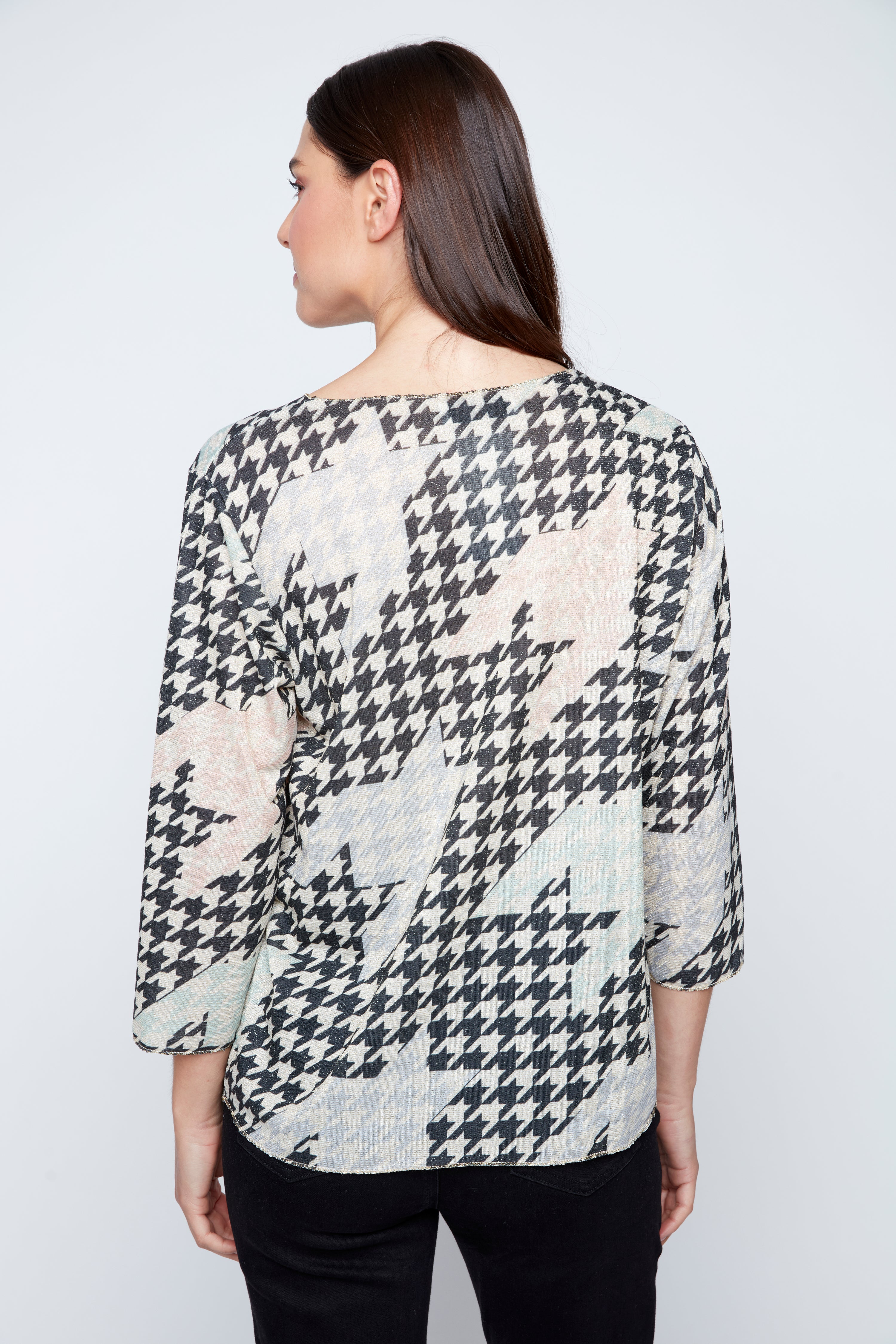 Floral portrait houndstooth print sweater