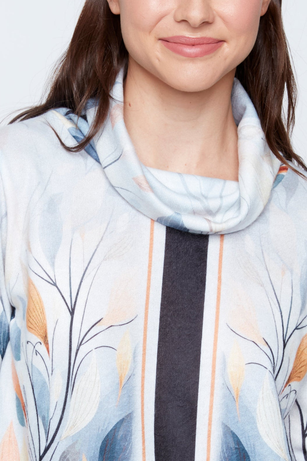 Leaves print cowl neck knit sweater