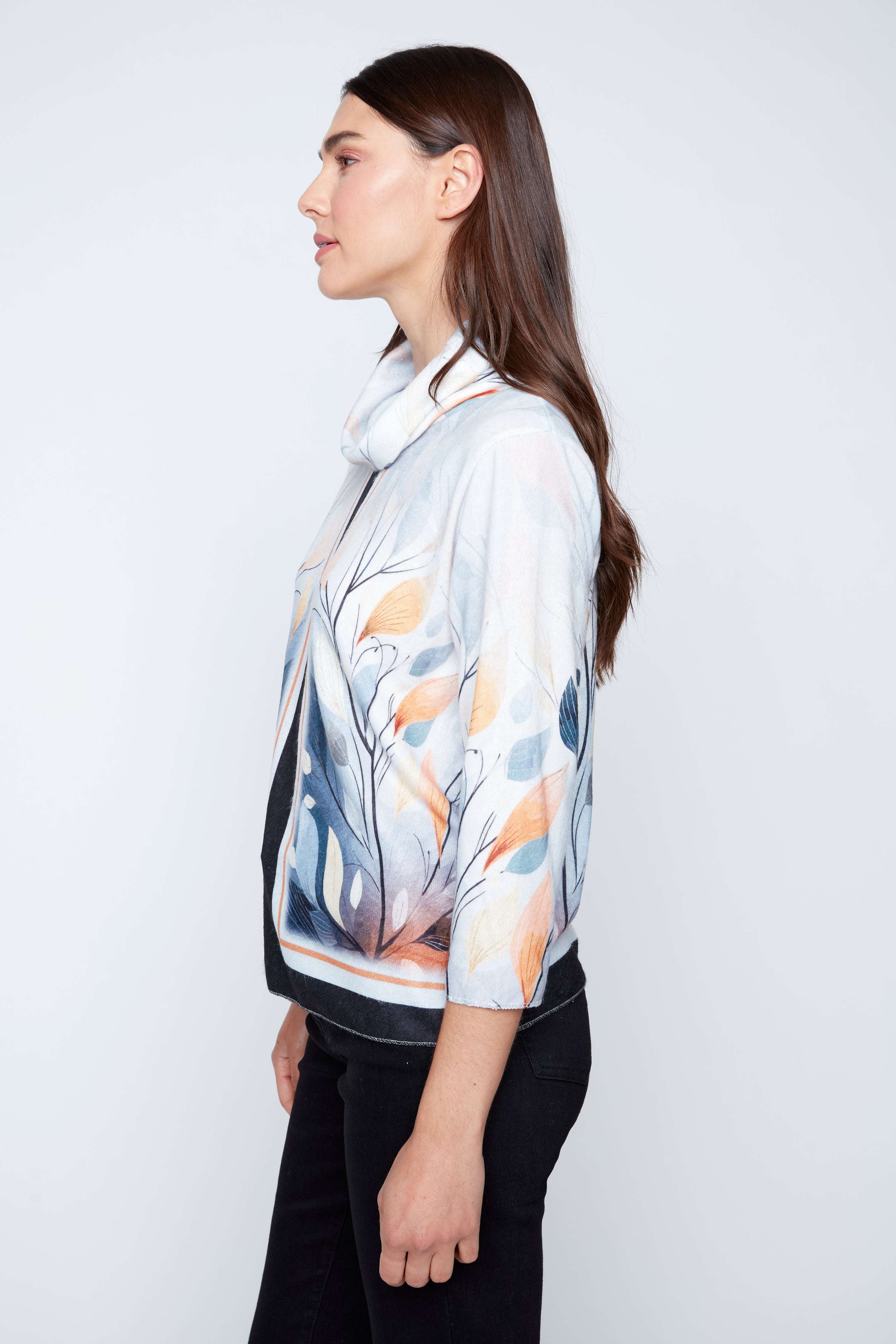 Leaves print cowl neck knit sweater