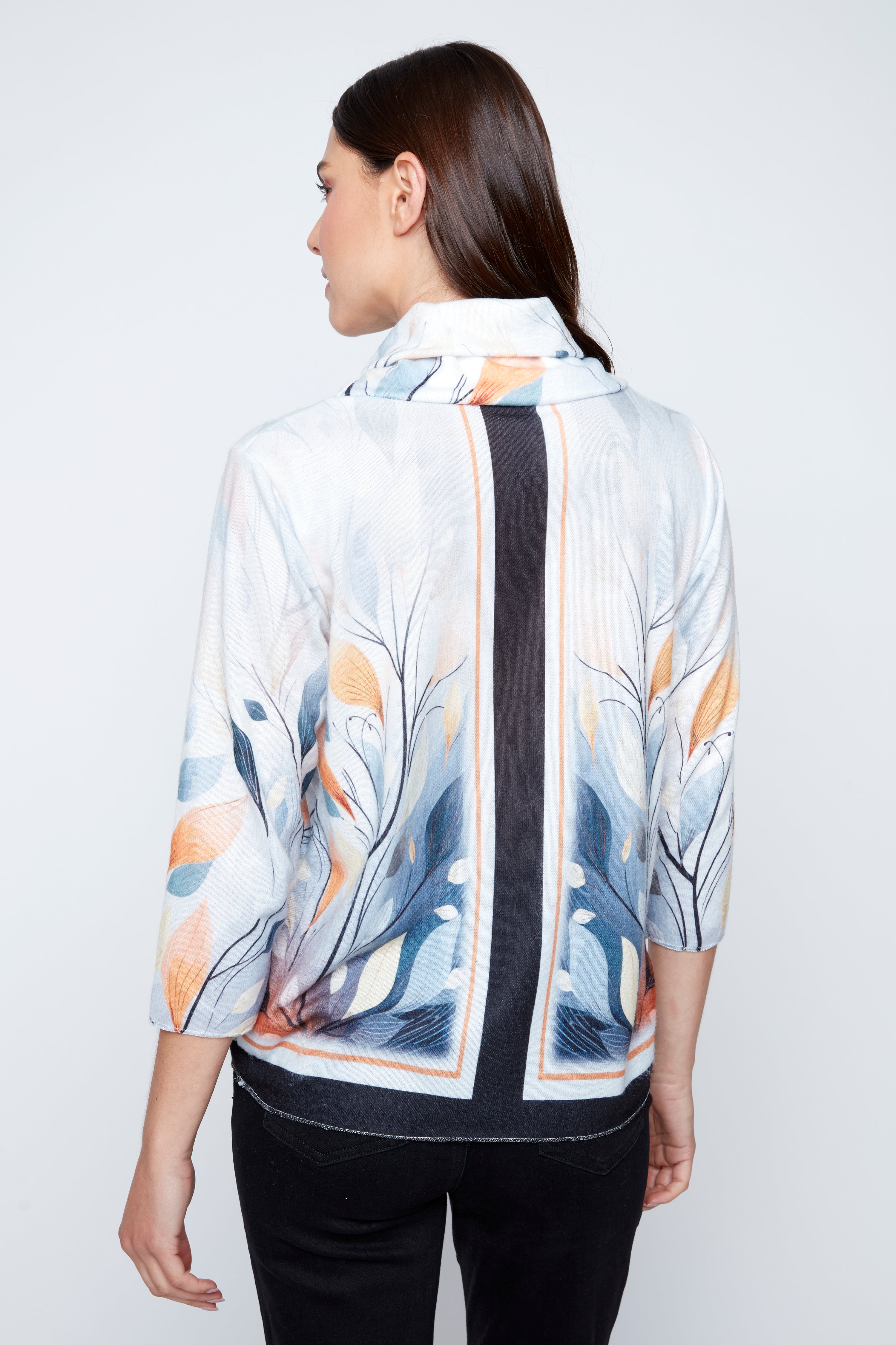 Leaves print cowl neck knit sweater