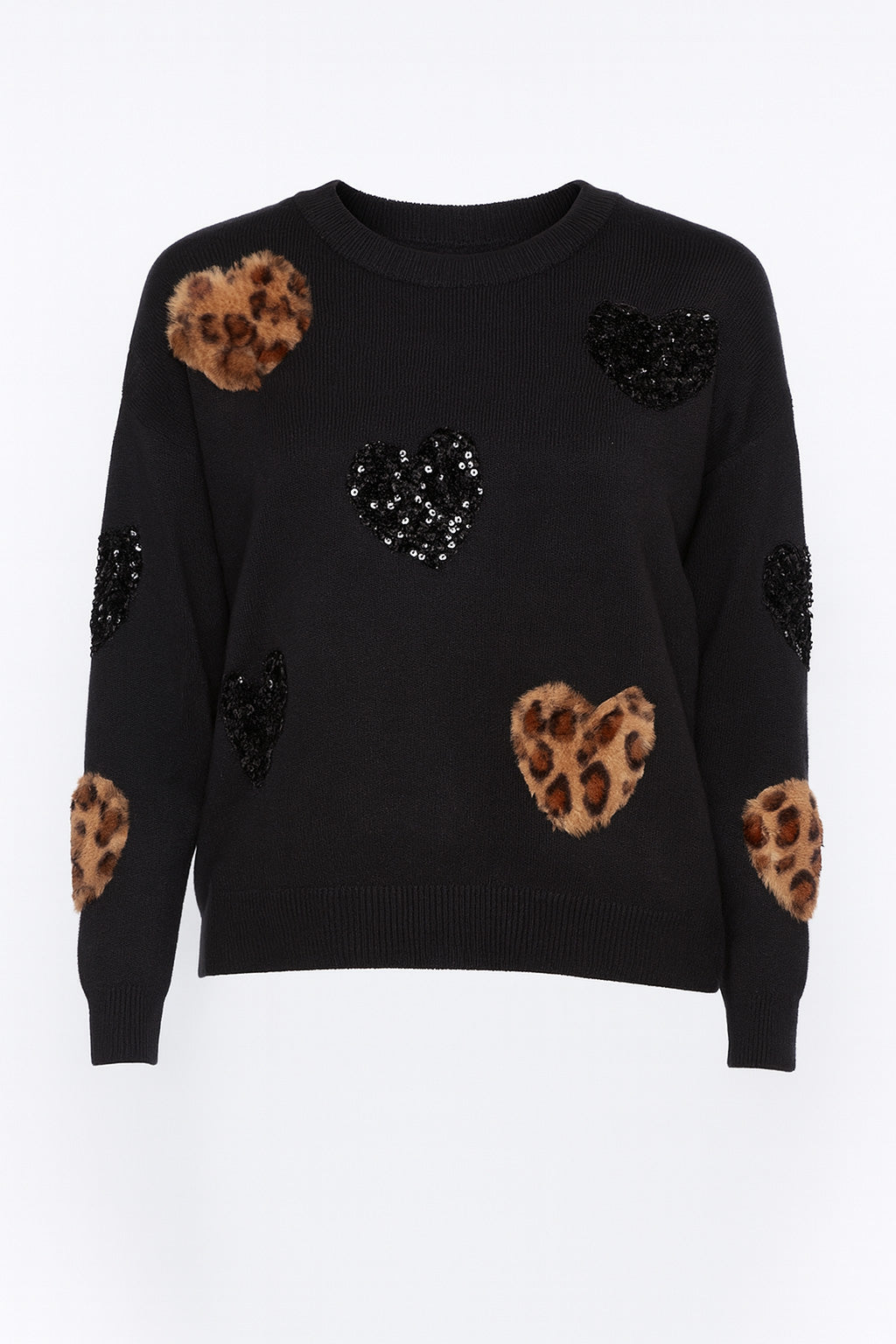 Animal and sequin hearts sweater