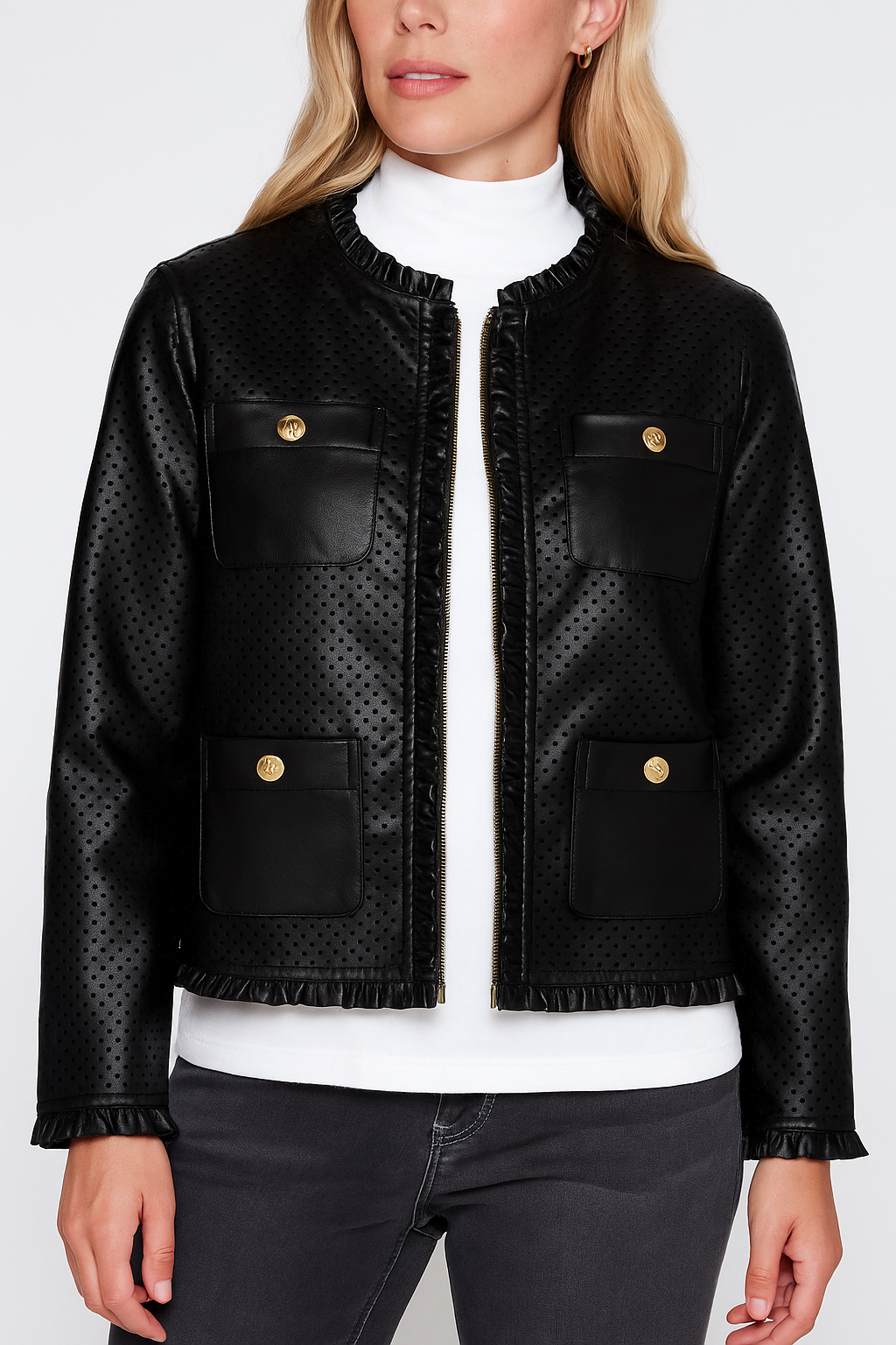 Ruffle trim pleather jacket