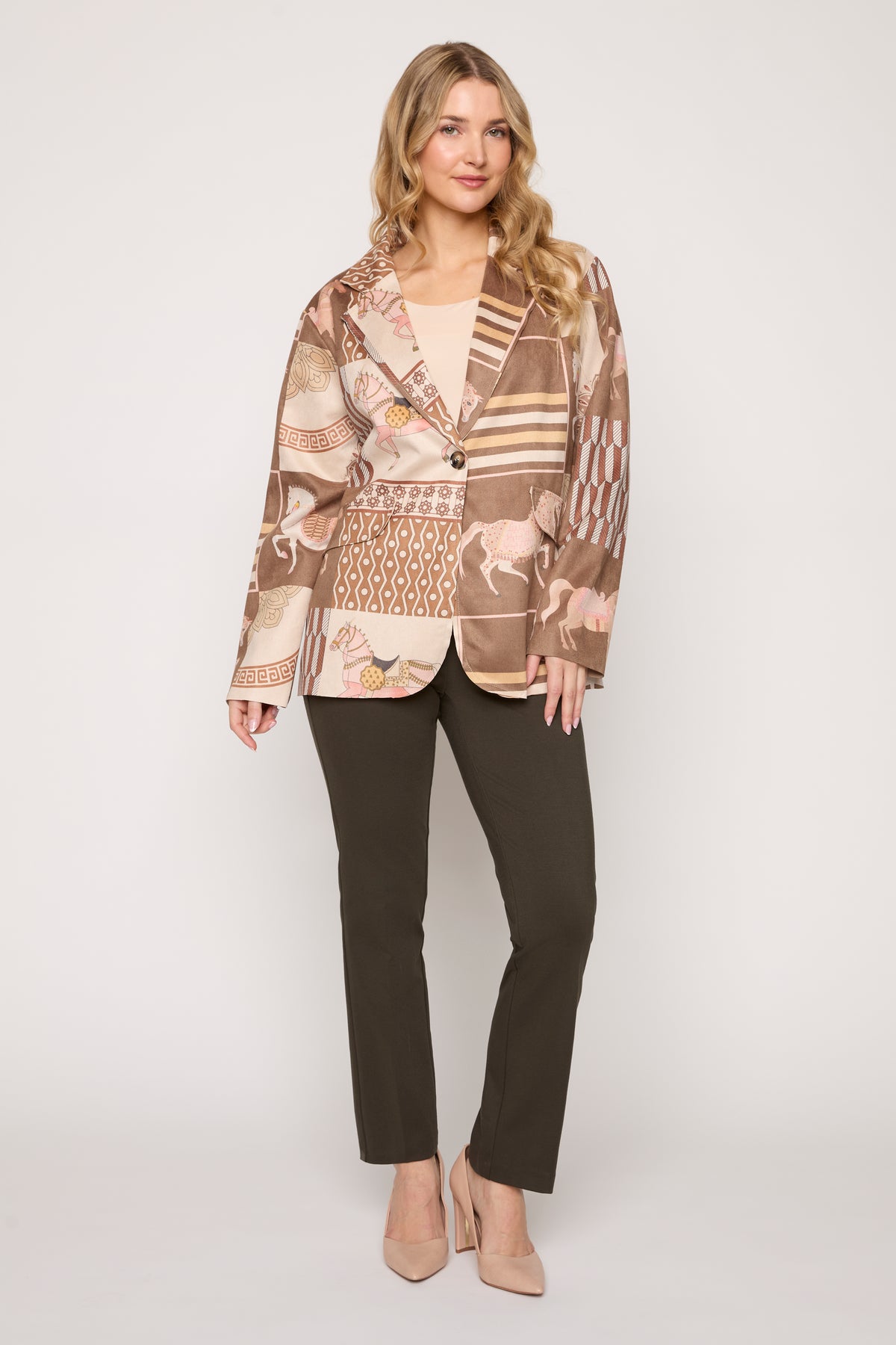 Faux Suede Blazer With Horse And Geometric Print