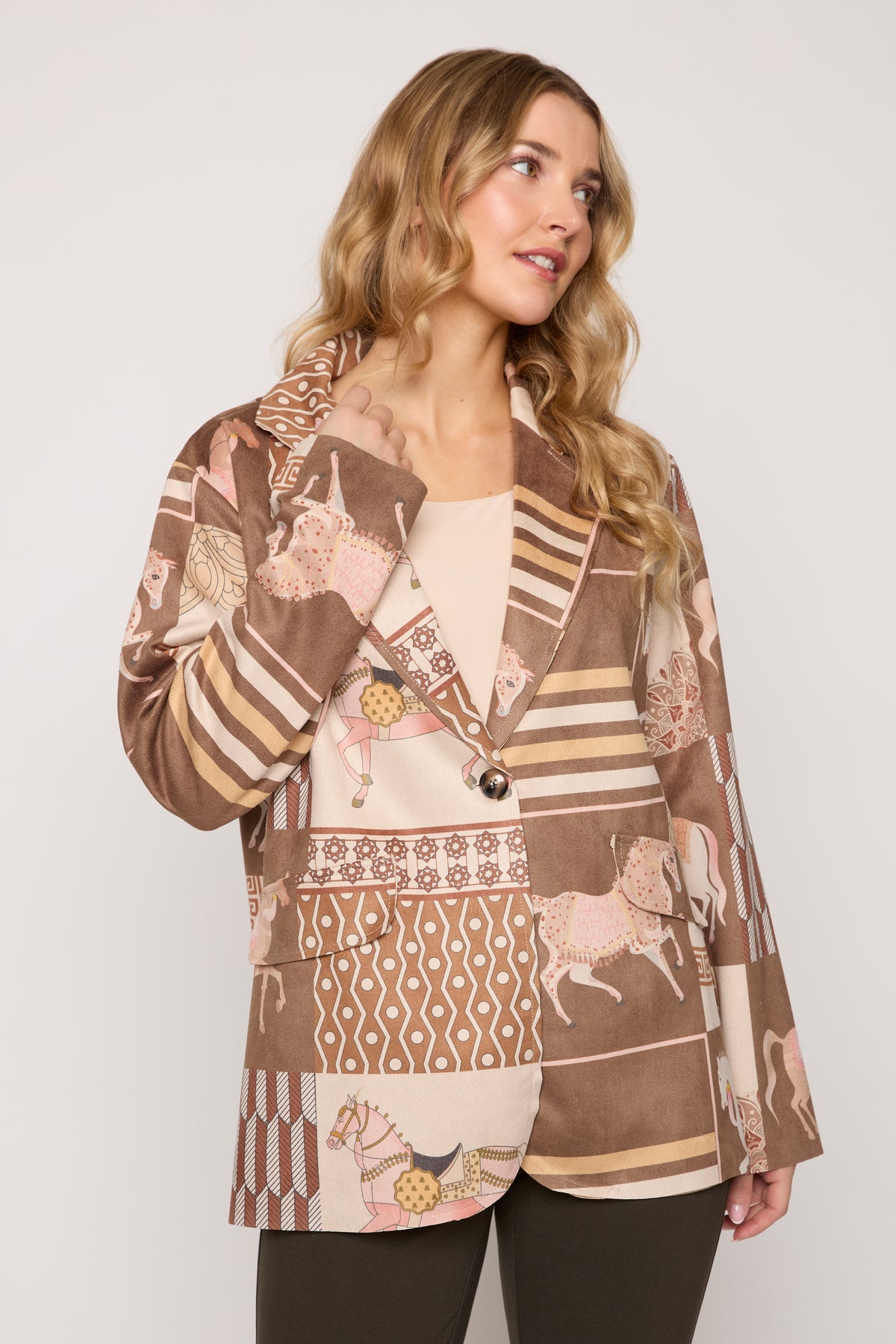 Faux Suede Blazer With Horse And Geometric Print
