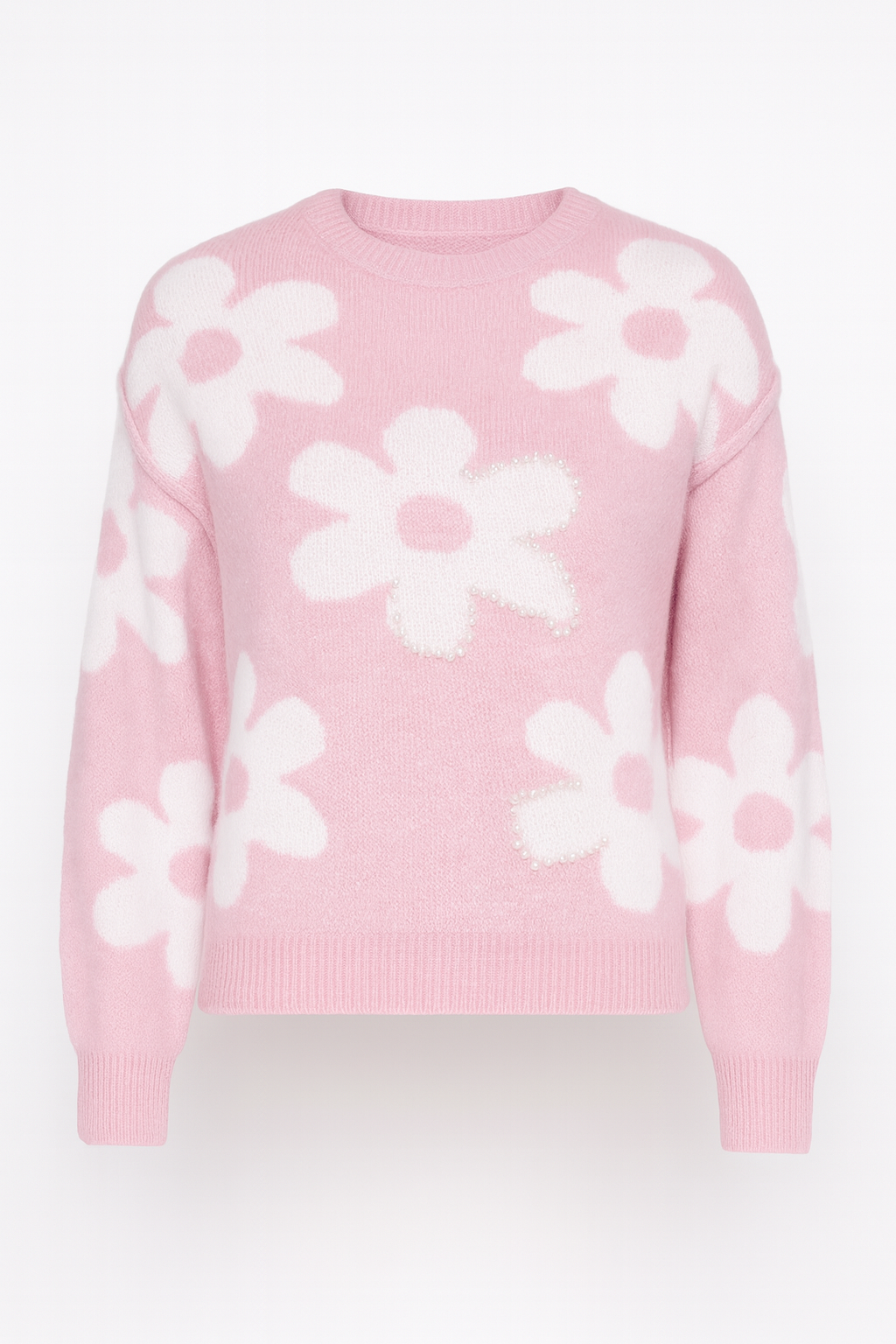 Flower with pearl detail wool blend sweater