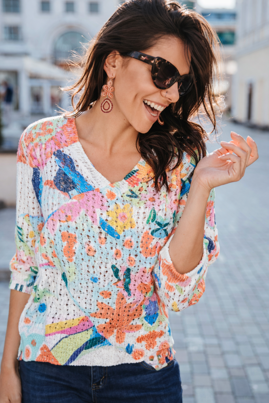 Multi color floral crochet sweater