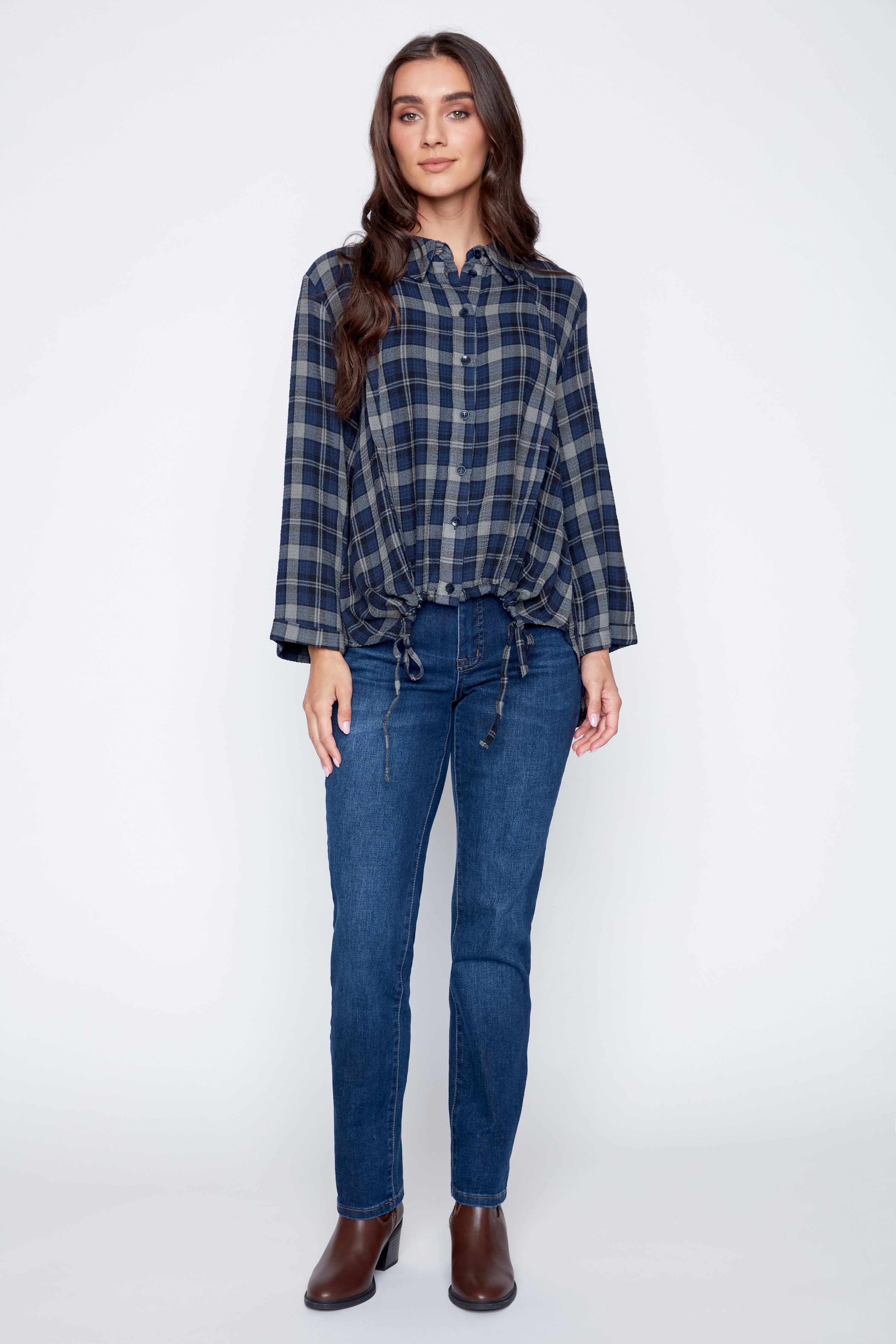 Plaid shirt with drawstring hem