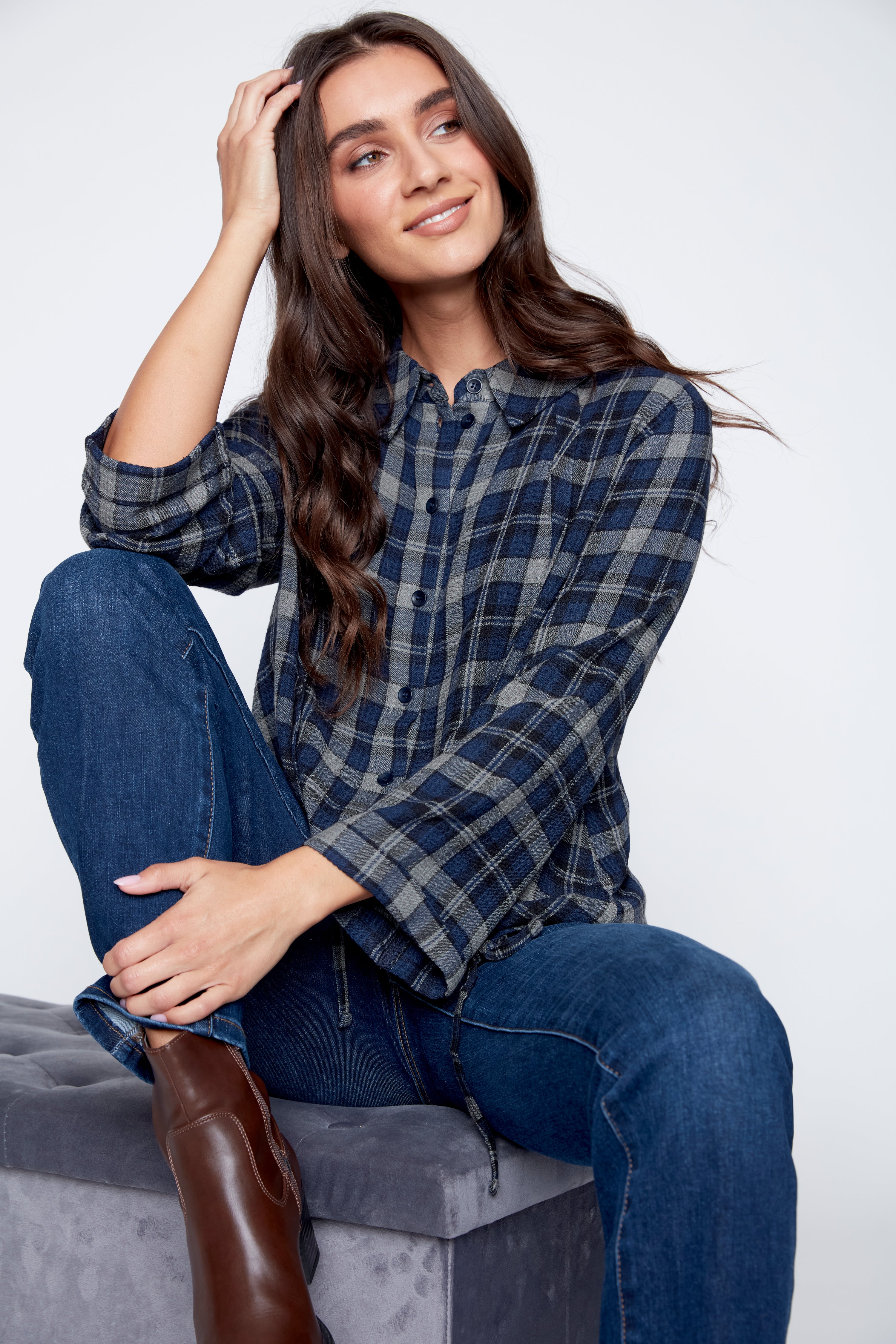 Plaid shirt with drawstring hem