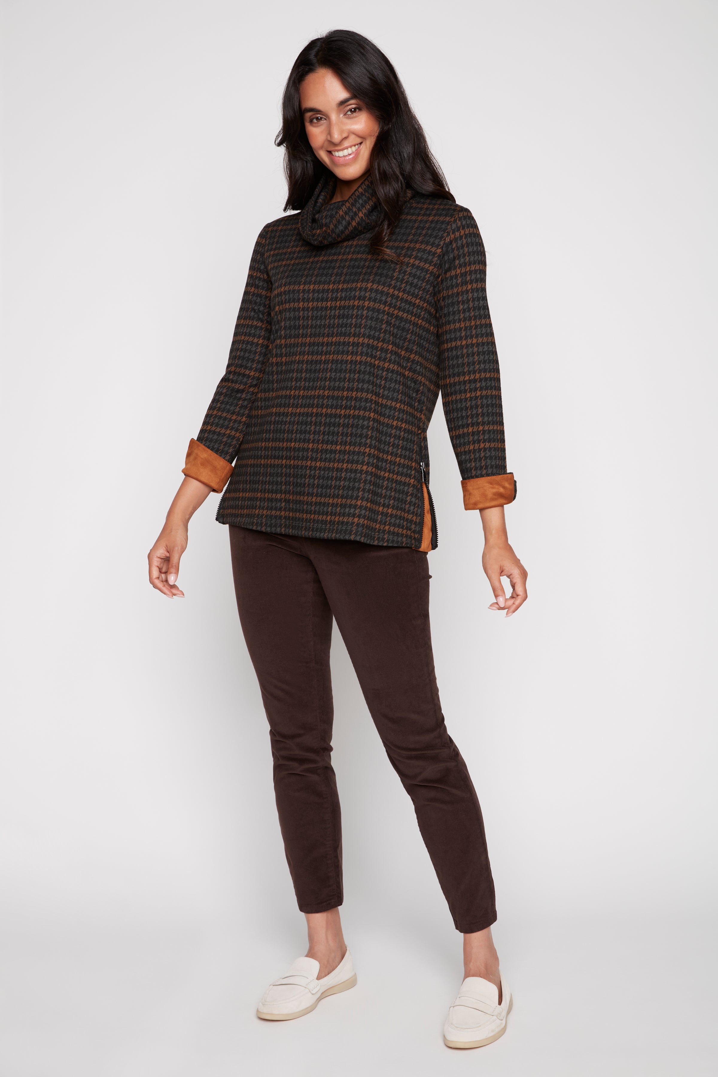 Plaid knit top with zipper detail