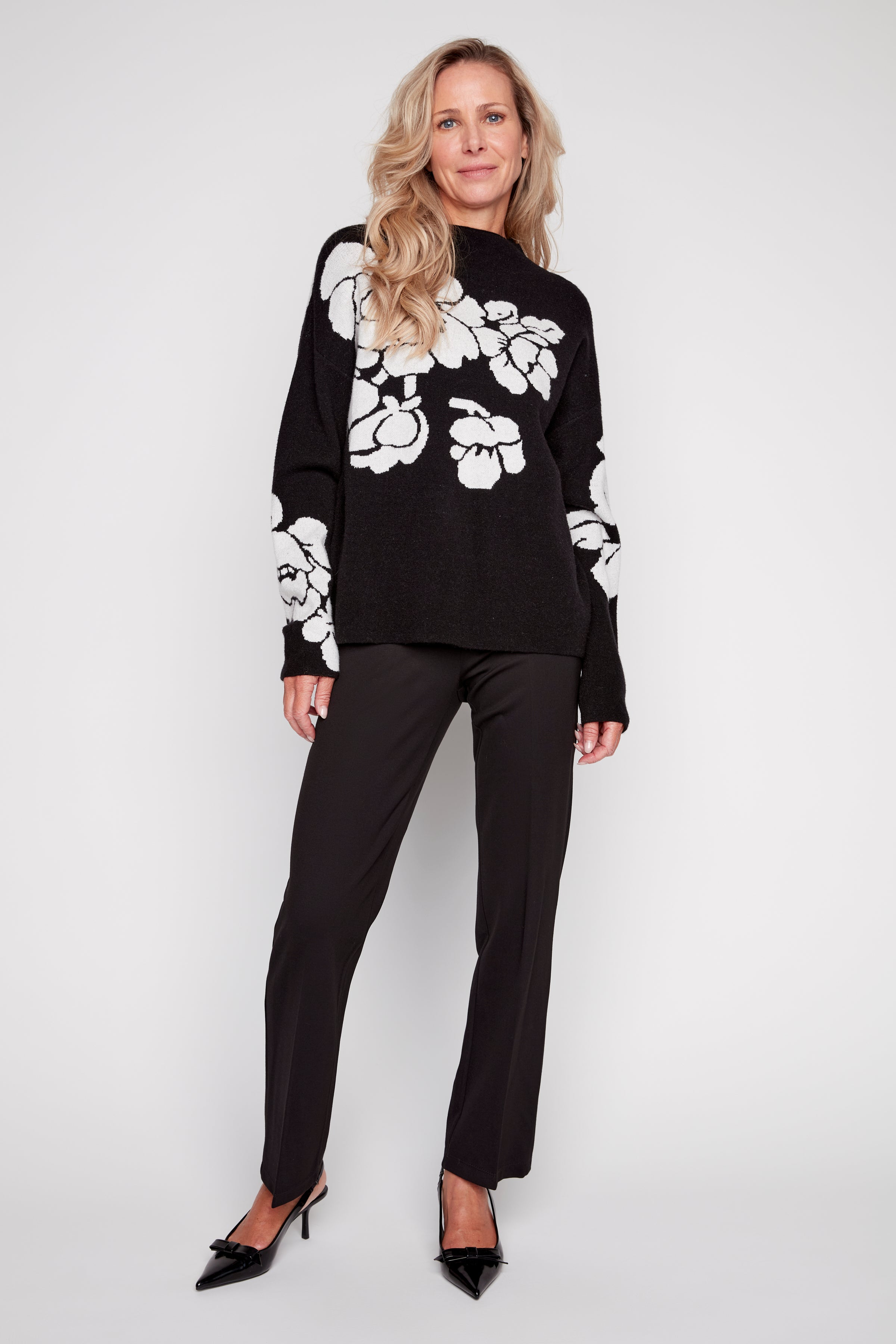 Floral jacquard funnel neck sweater