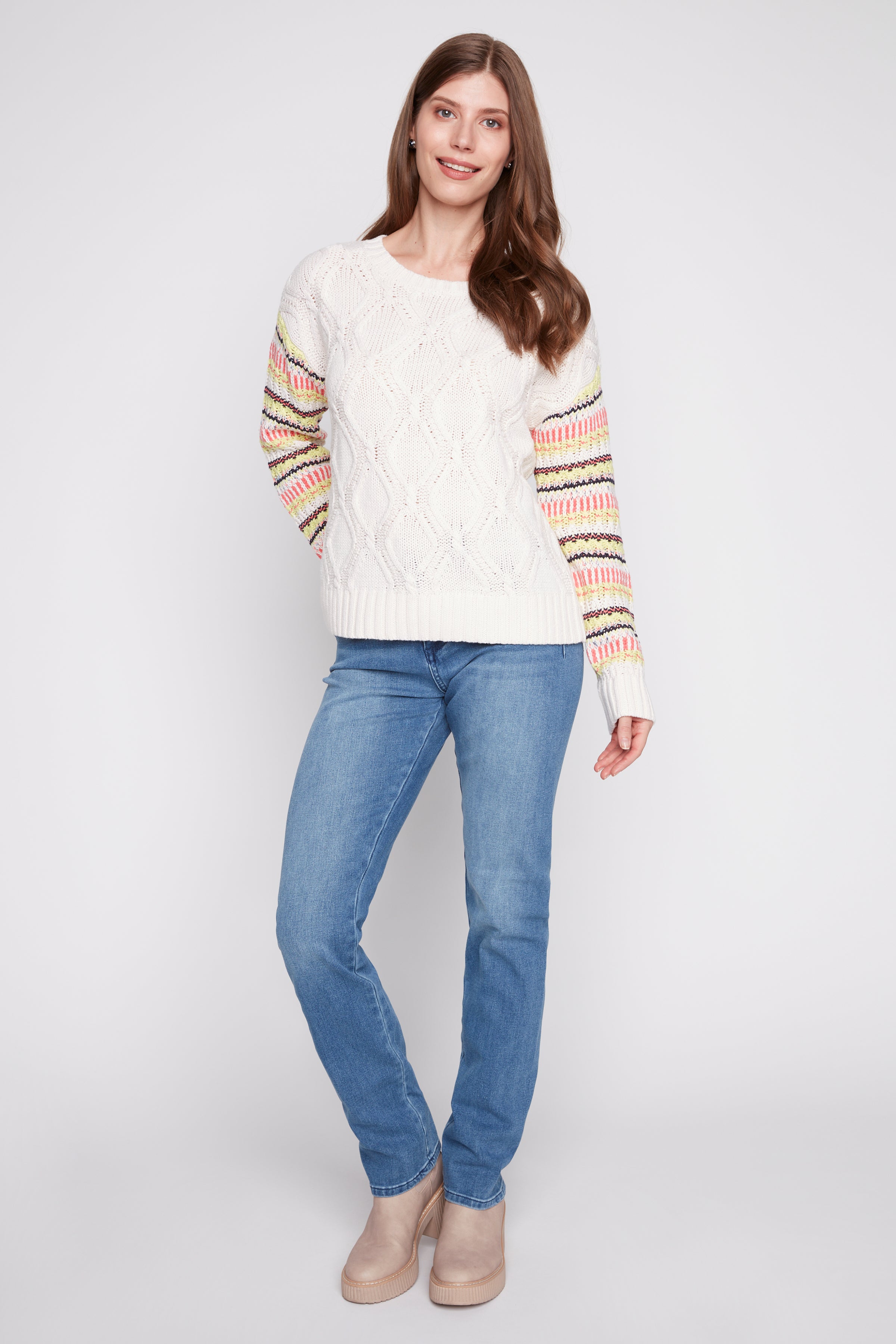 Stripe sleeve cotton blend sweater