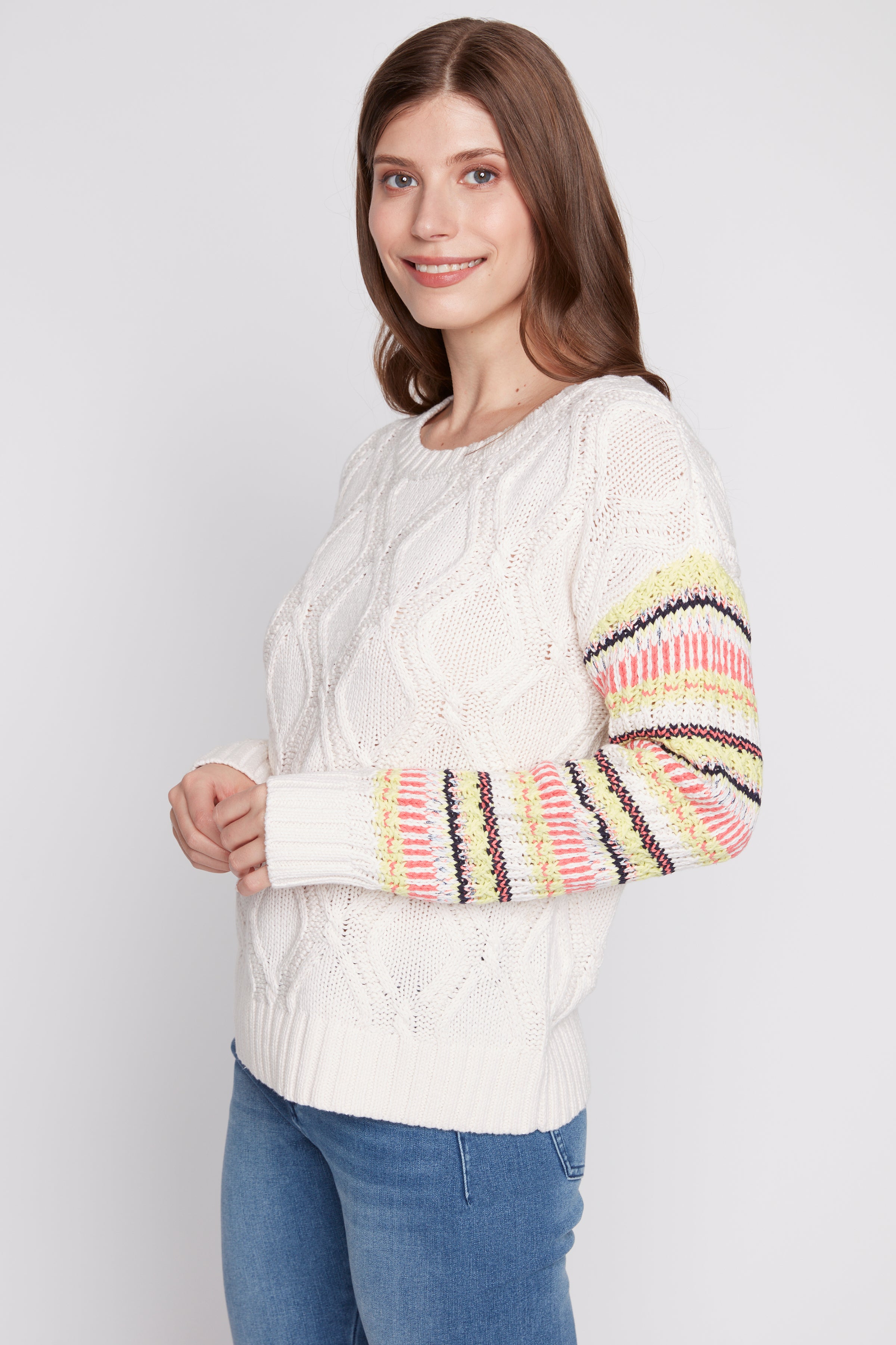 Stripe sleeve cotton blend sweater