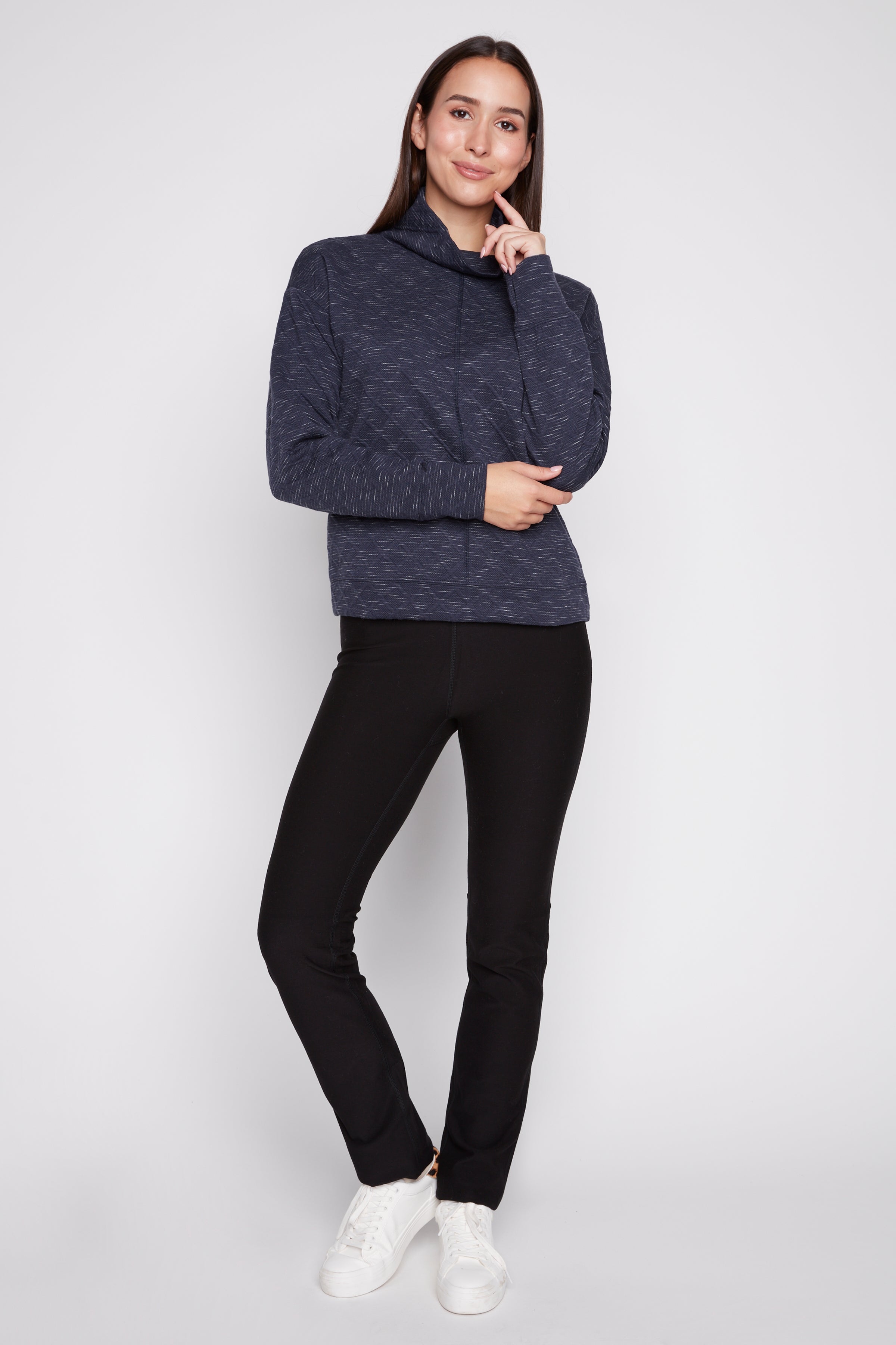 Quilted knit funnel neck top