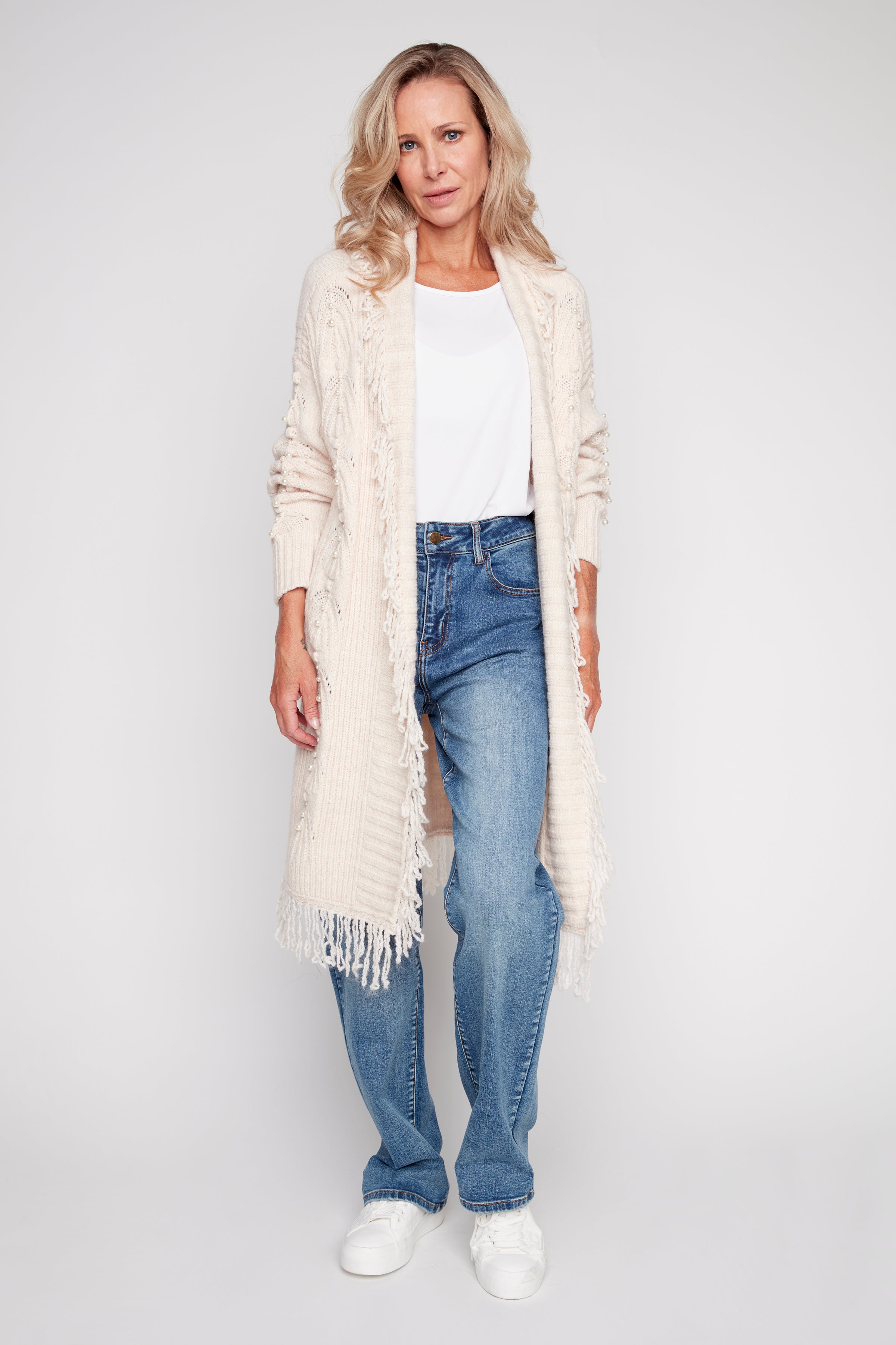 Pearl and fringe long cardigan