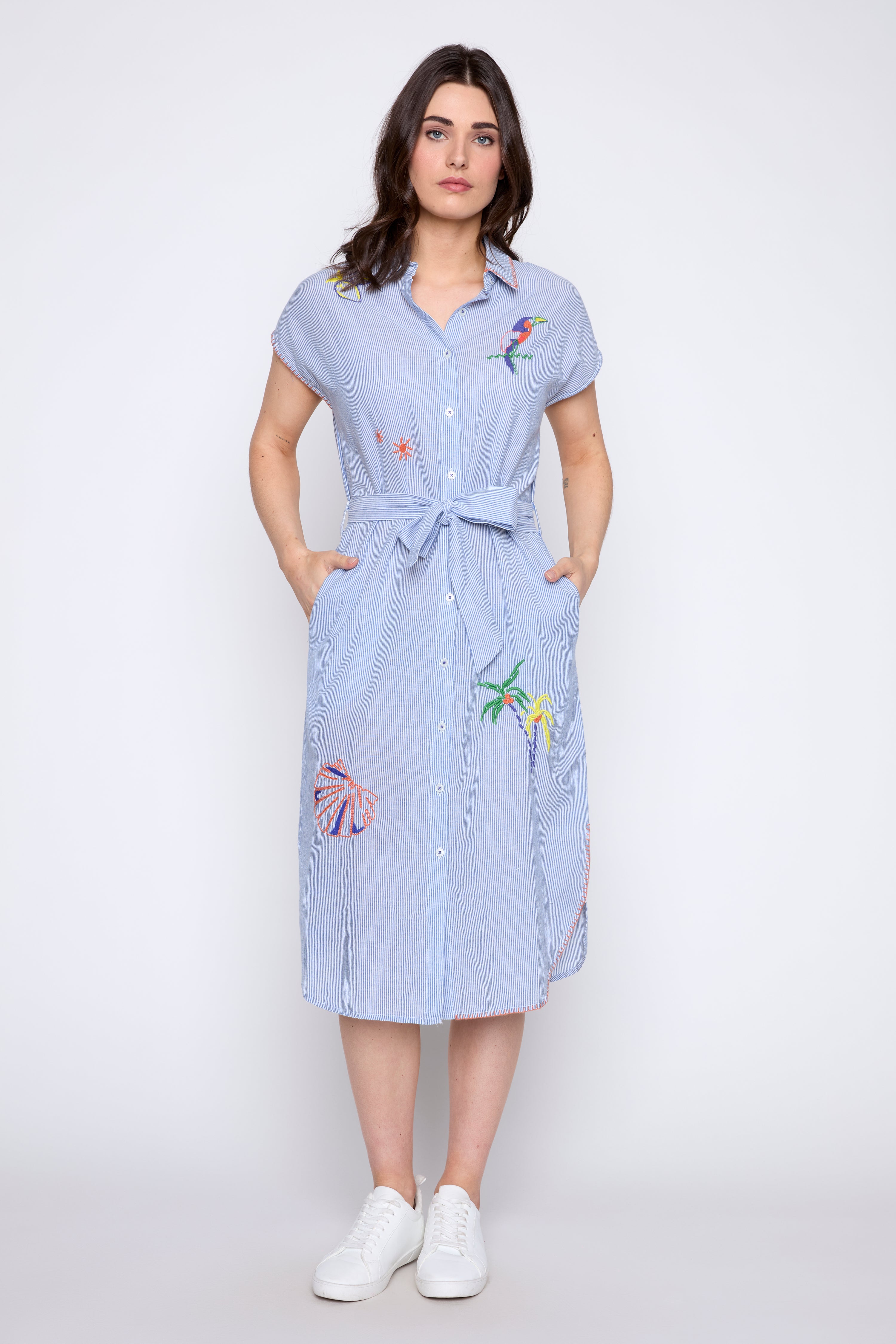Embroidered belted cotton dress