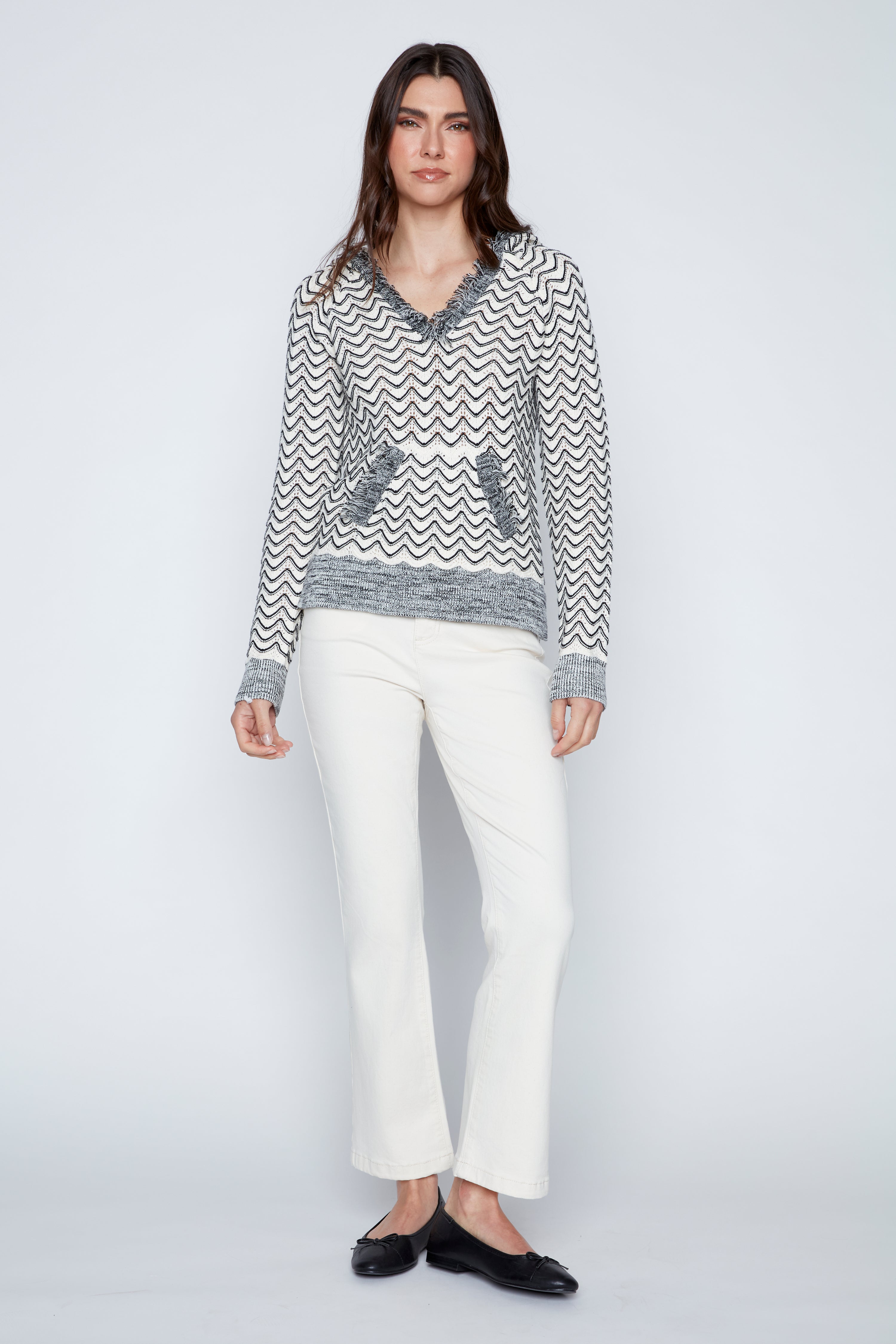 Hooded sweater with fringe trim