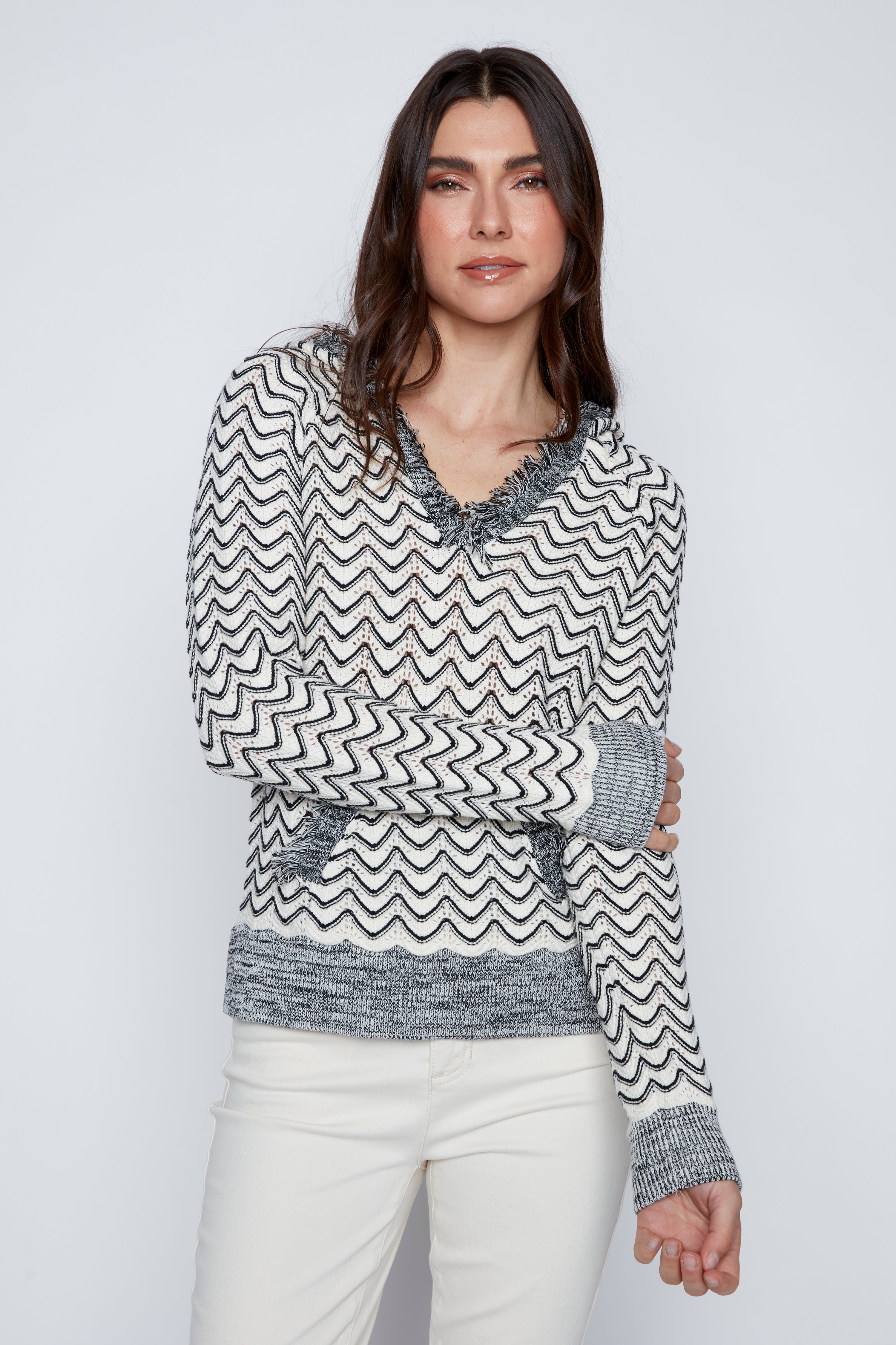 Hooded sweater with fringe trim