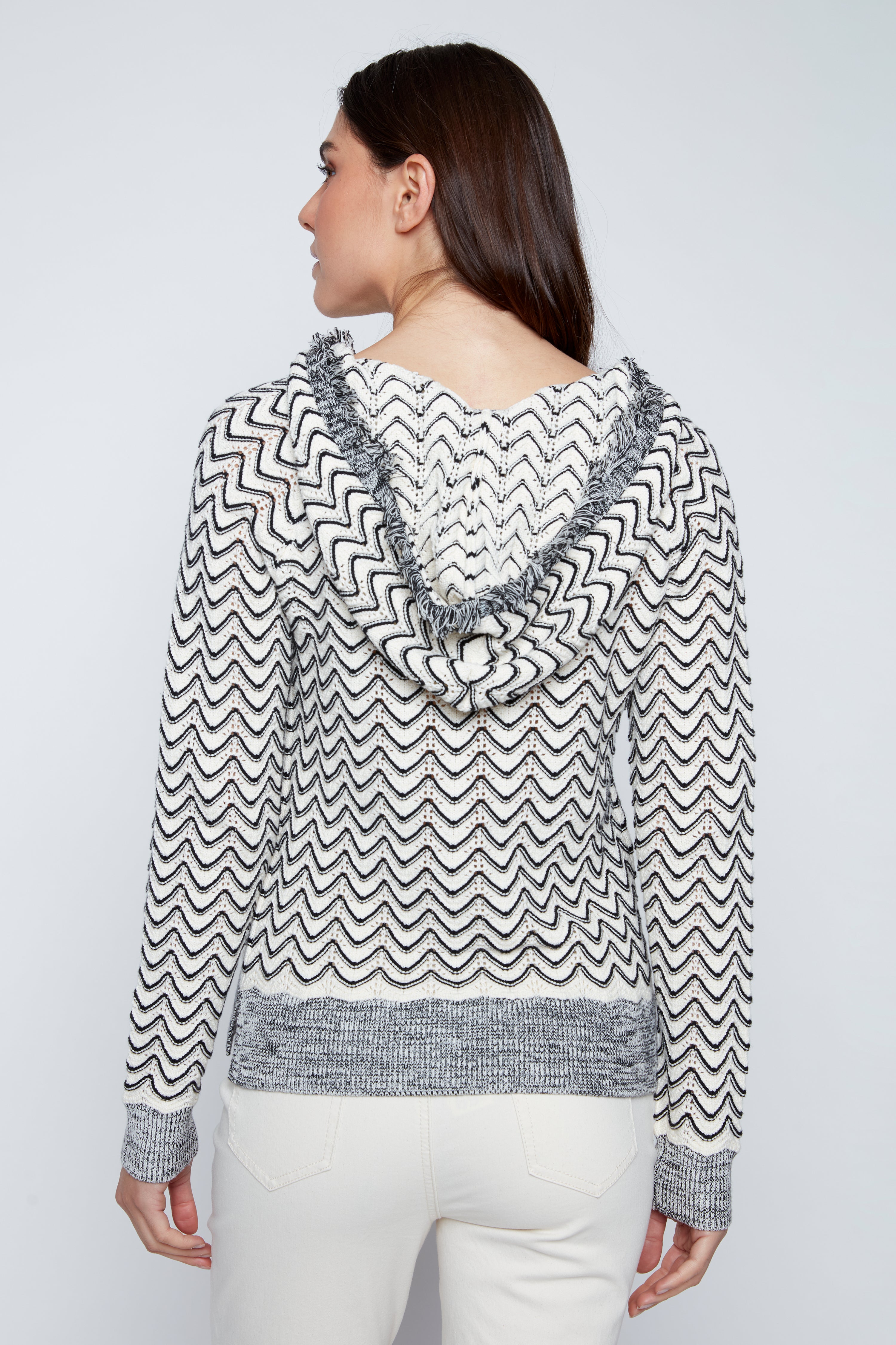 Hooded sweater with fringe trim