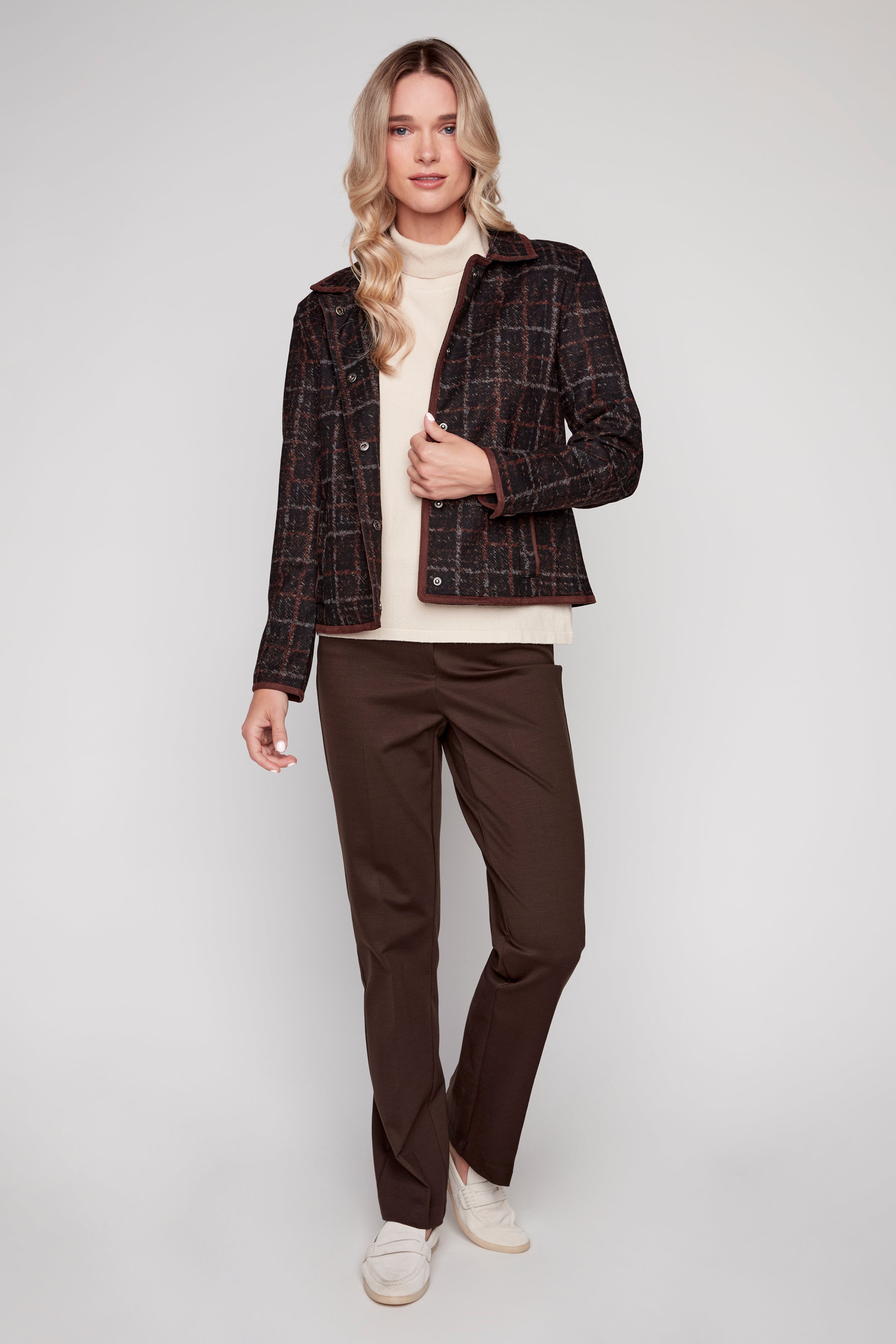 Plaid pattern jacket with contrast trim