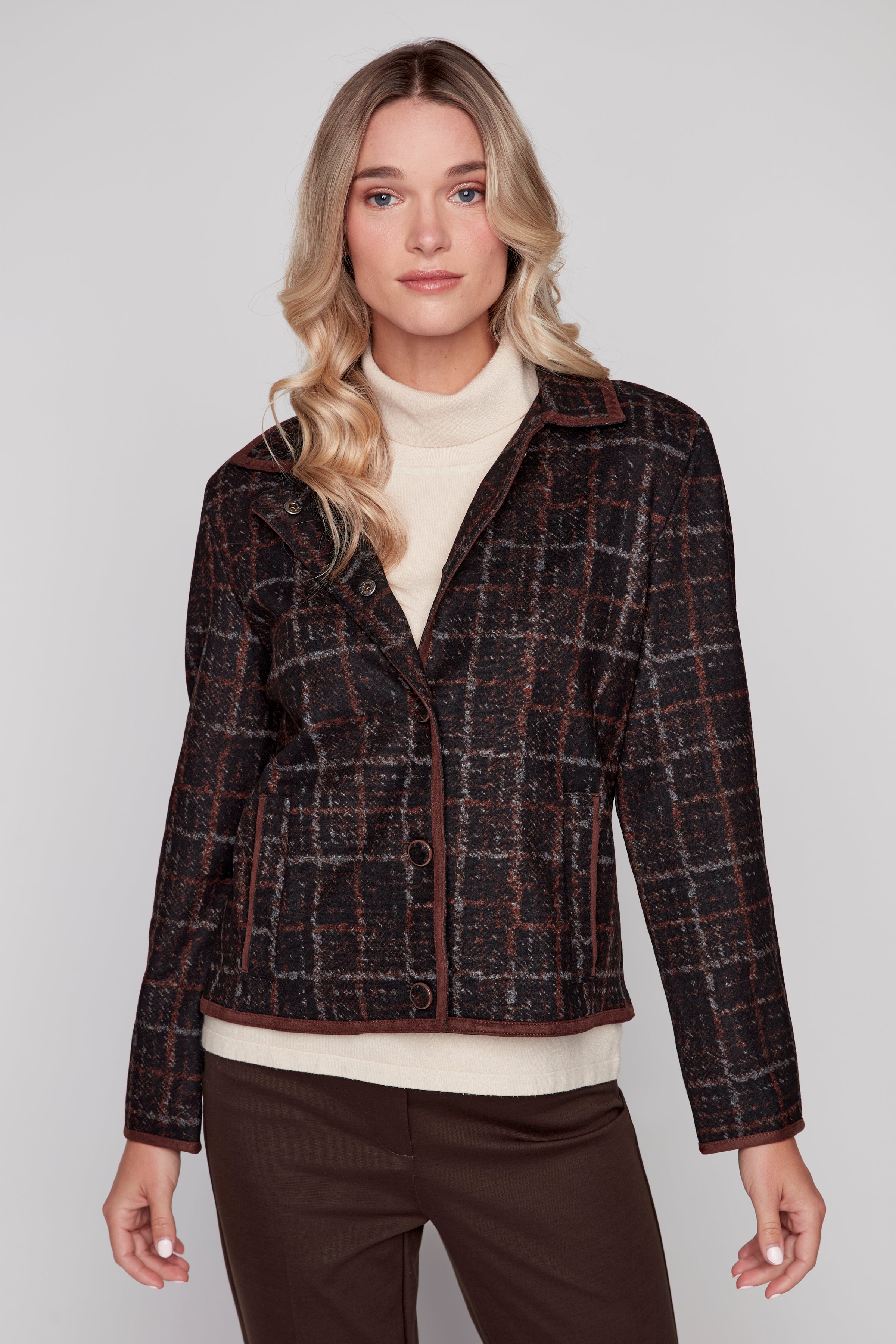 Plaid pattern jacket with contrast trim