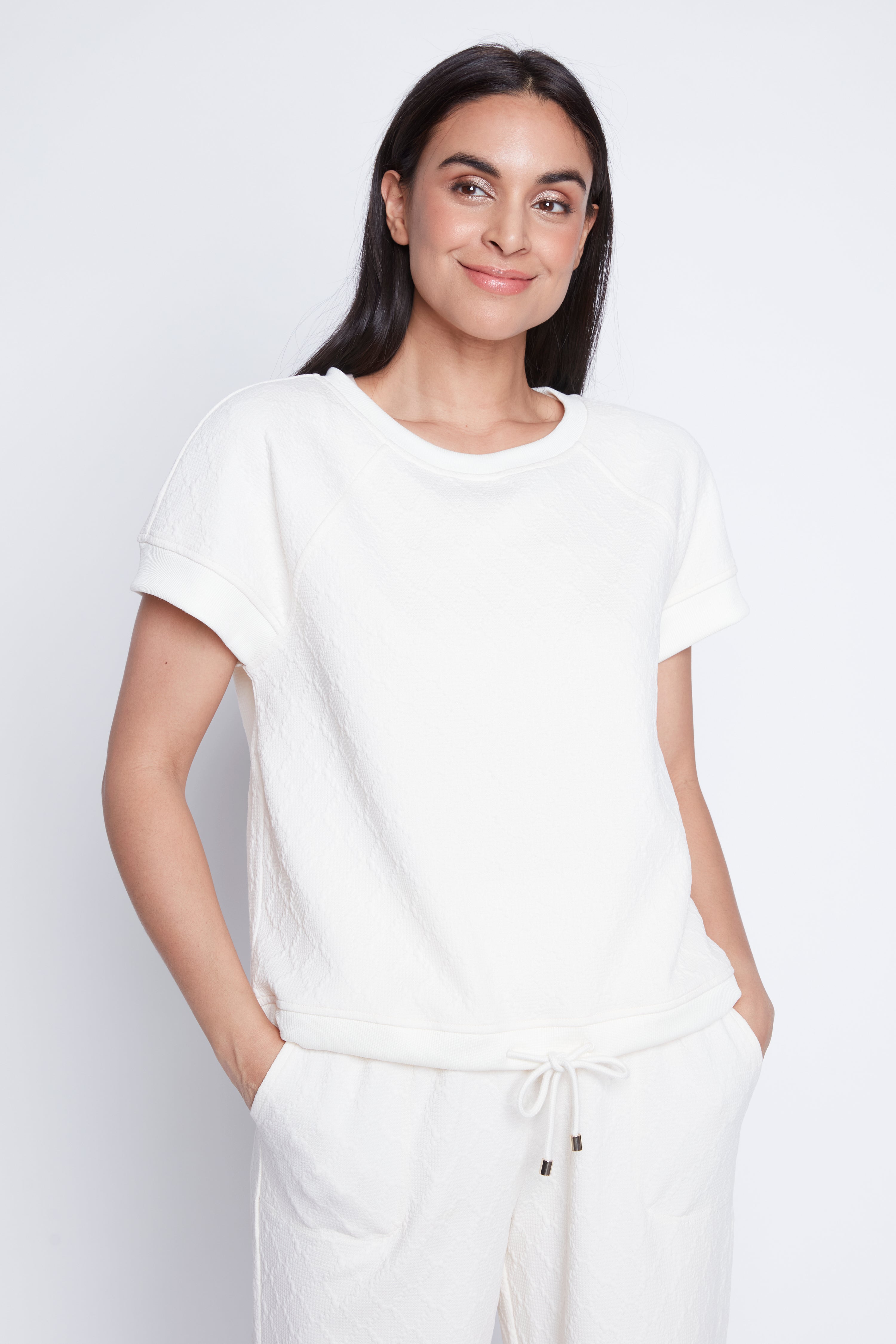 Diamond knit drawstring hem top