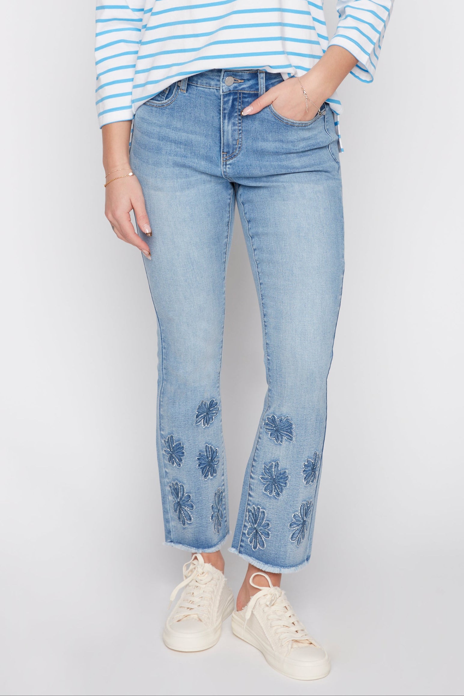 Boot leg floral hem jeans