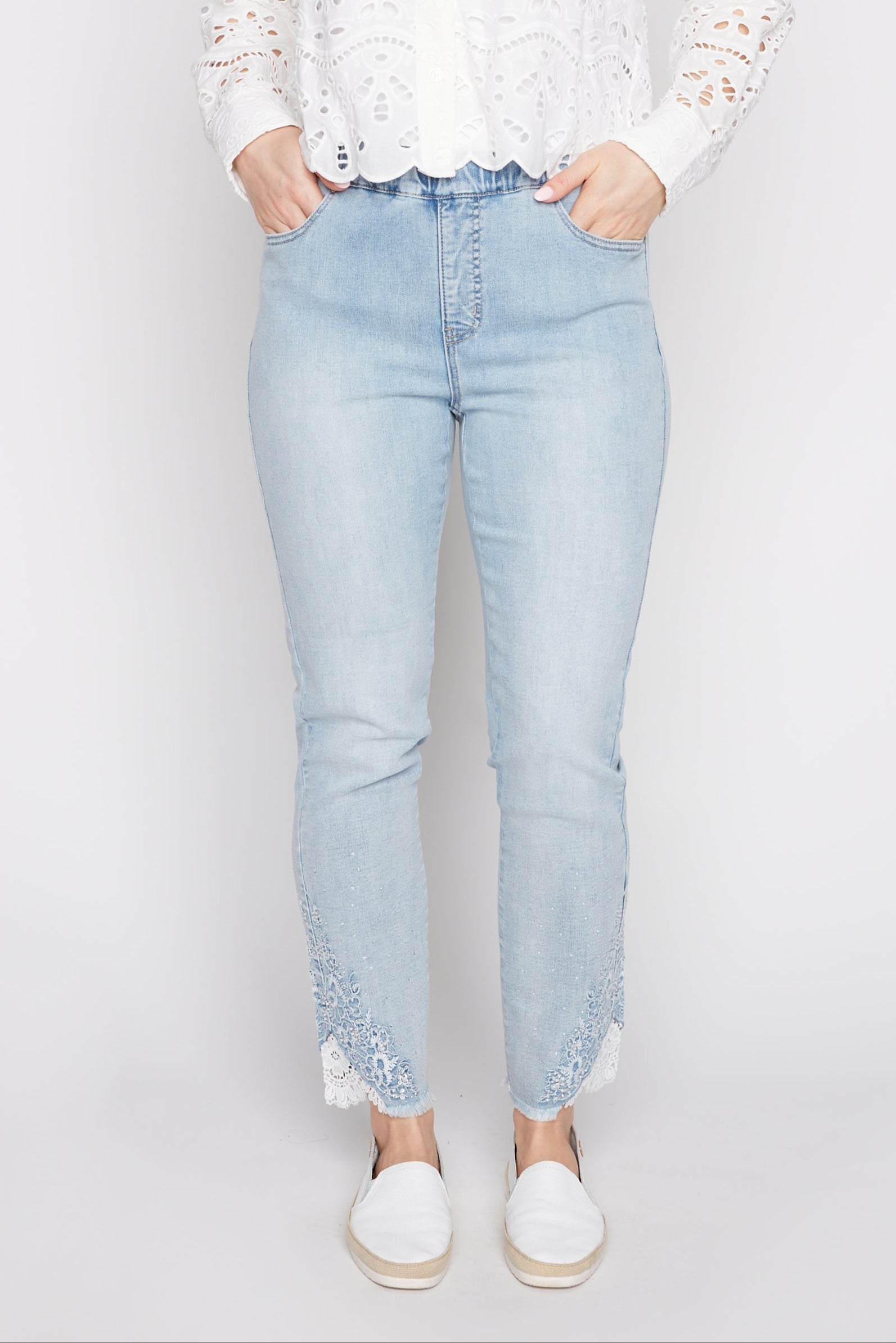 Lace hem denim jogger