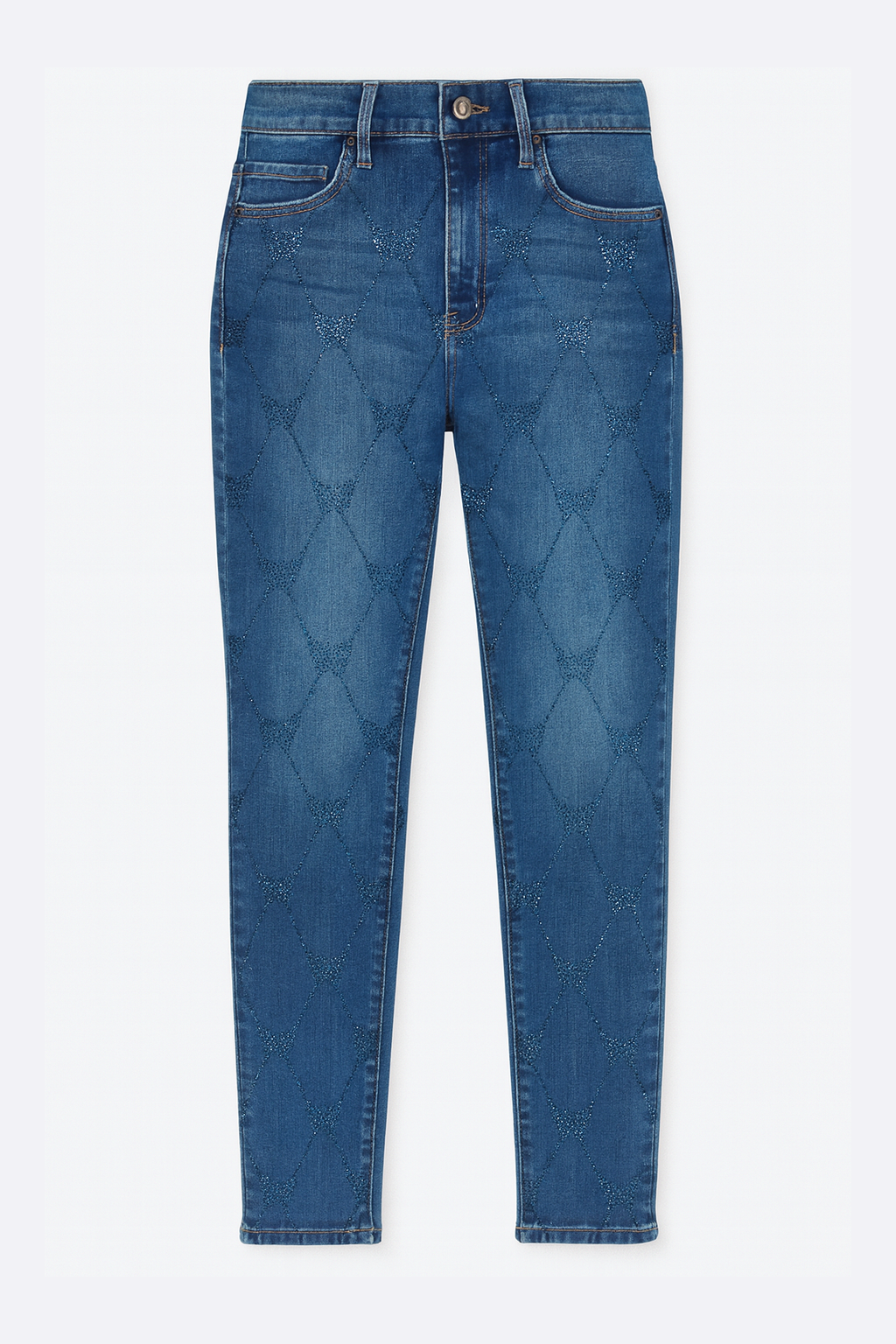 Le jean à jambe étroite à motif papillons en strass