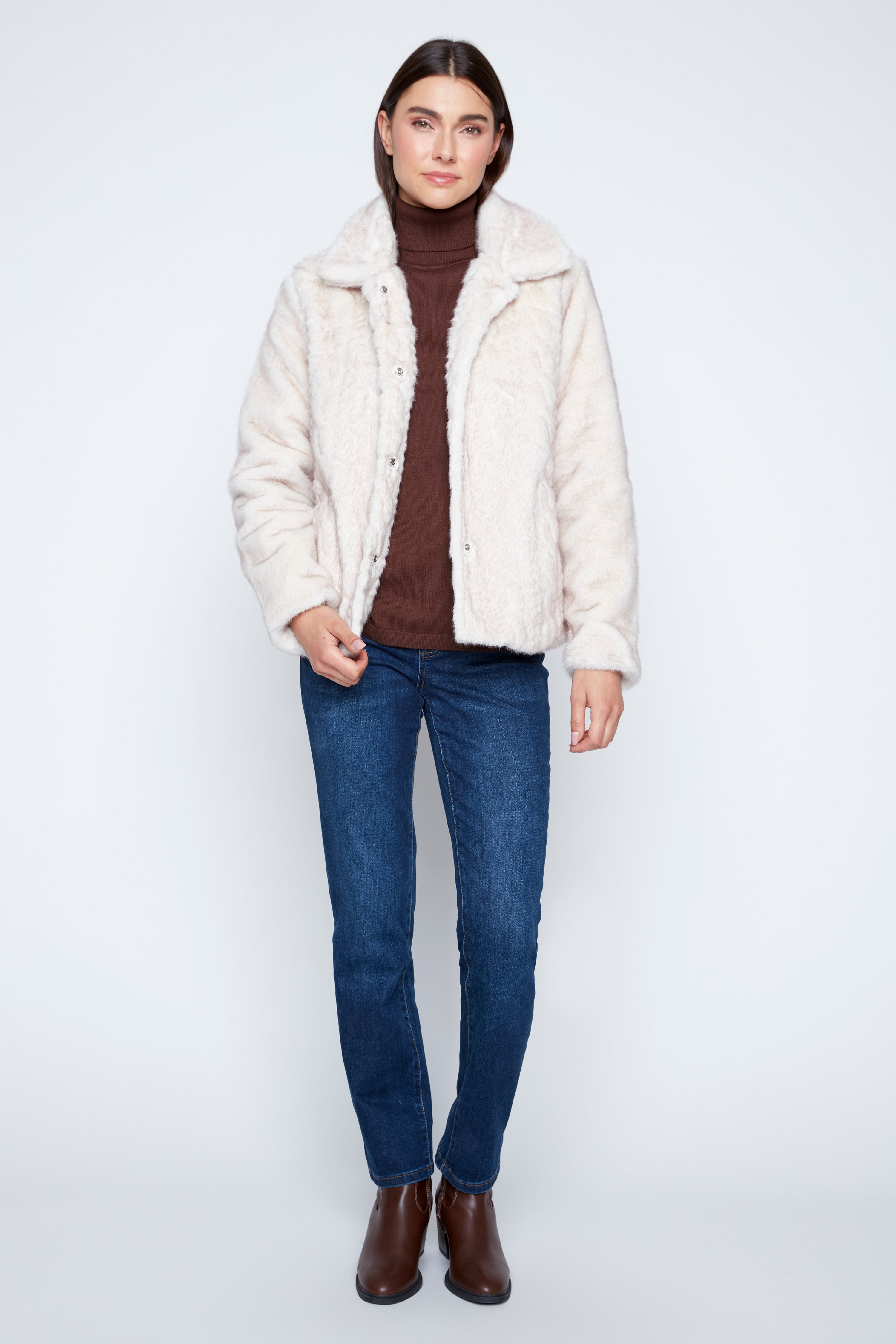 Cable front faux fur jacket